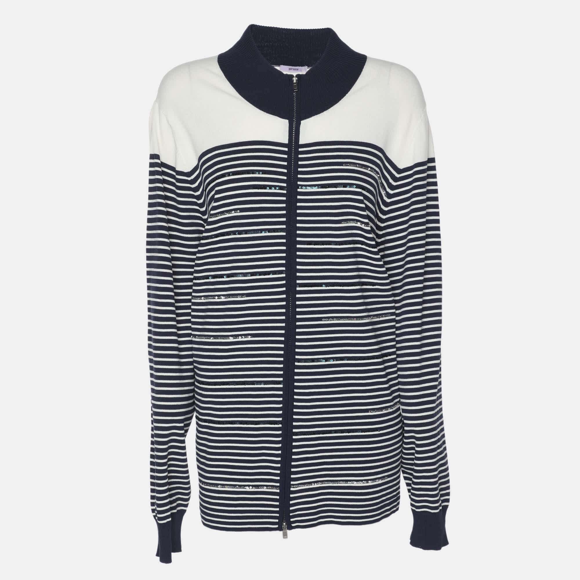 WHITE* Persona Blue/white Stripe Stretch Knit Cardigan