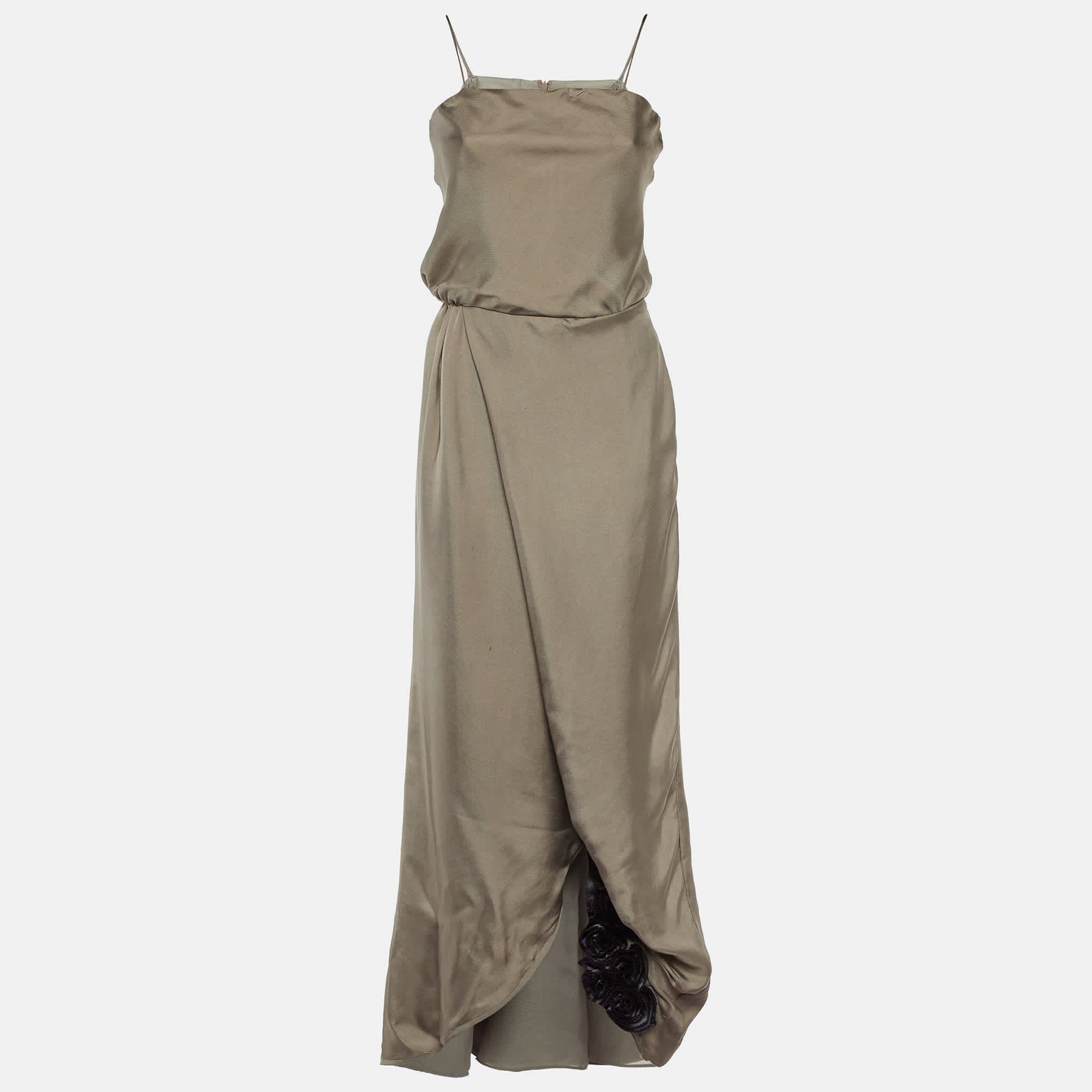 SILK Grey Silk Floral Applique Detail Maxi Dress