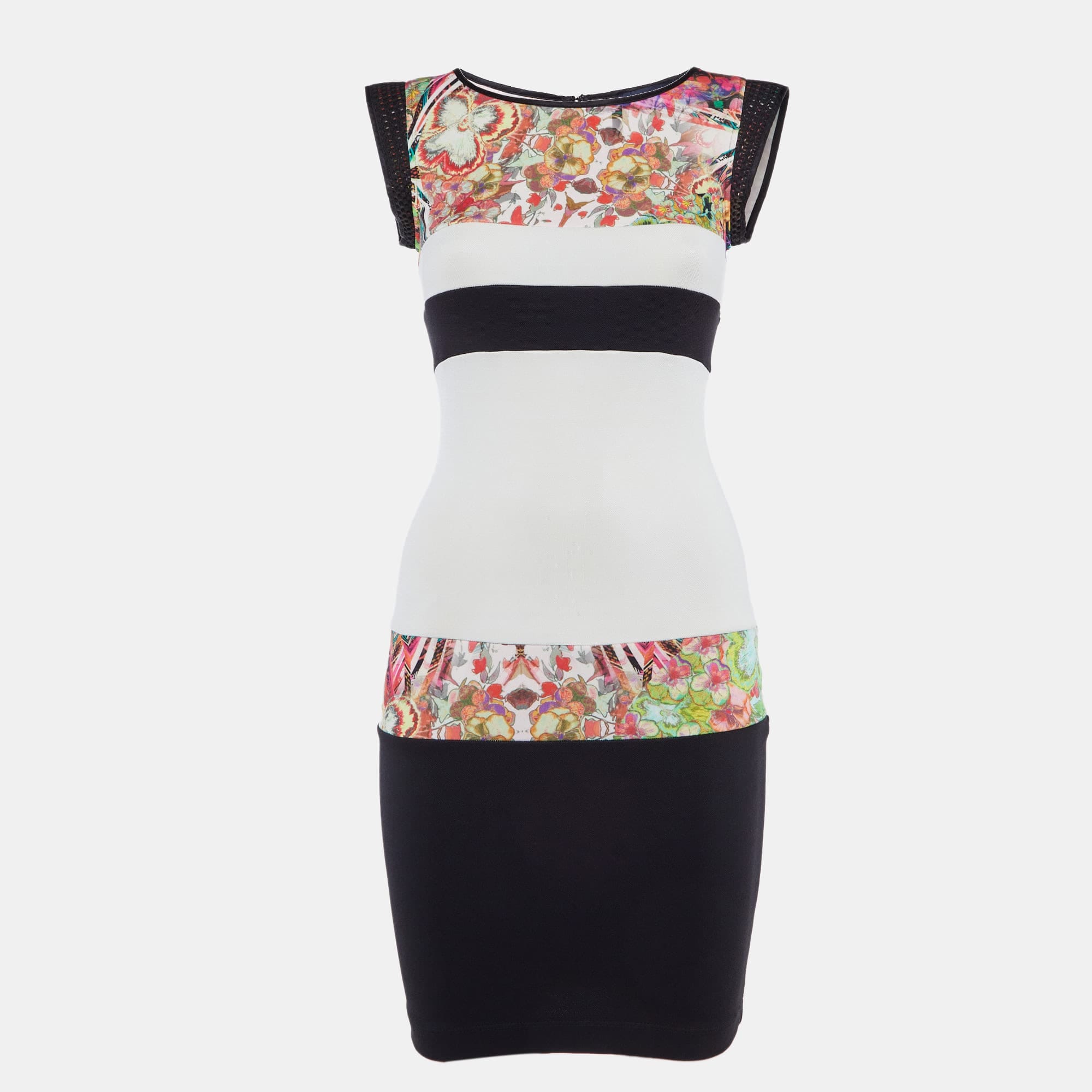 WHITE* Black /white Floral Print Jersey Mesh Detail Mini Dress