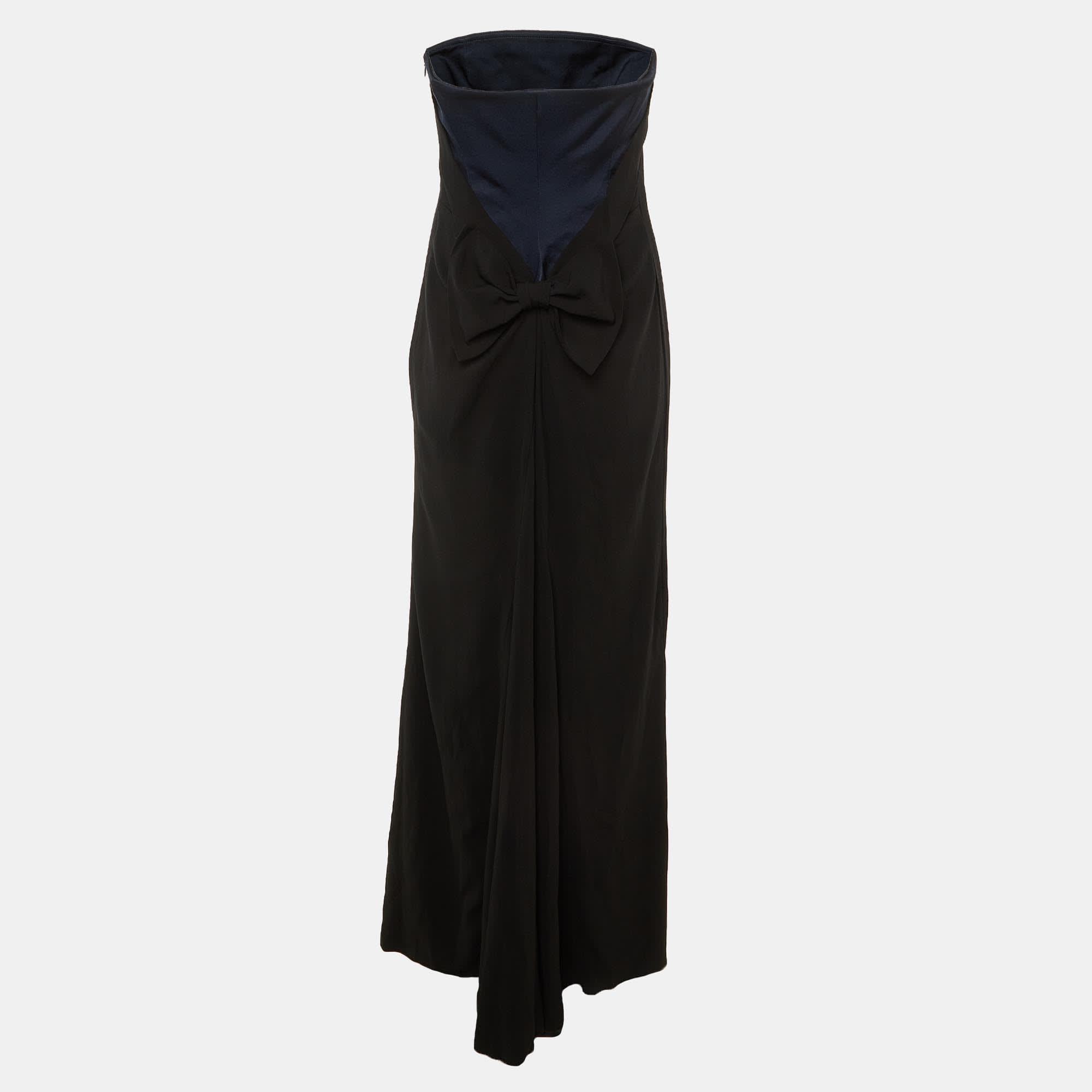 Blue Black /navy Blue Crepe Bow Detail Strapless Maxi Dress