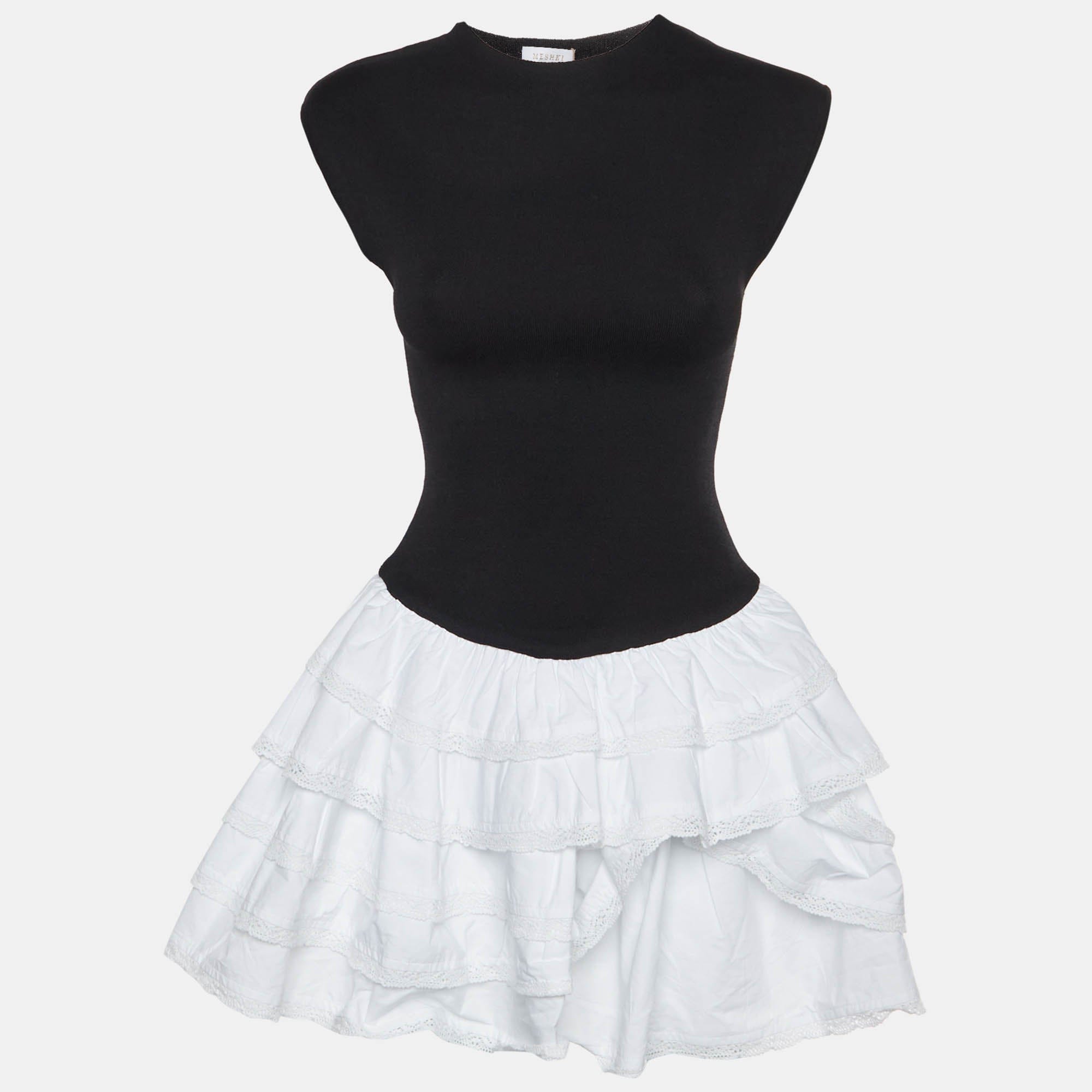 WHITE* Meshki Black/white Knit And Cotton Ruffle Mini Dress