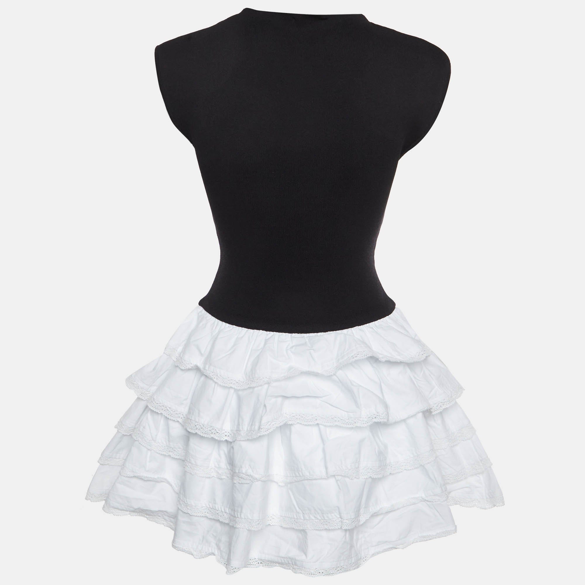 WHITE* Meshki Black/white Knit And Cotton Ruffle Mini Dress