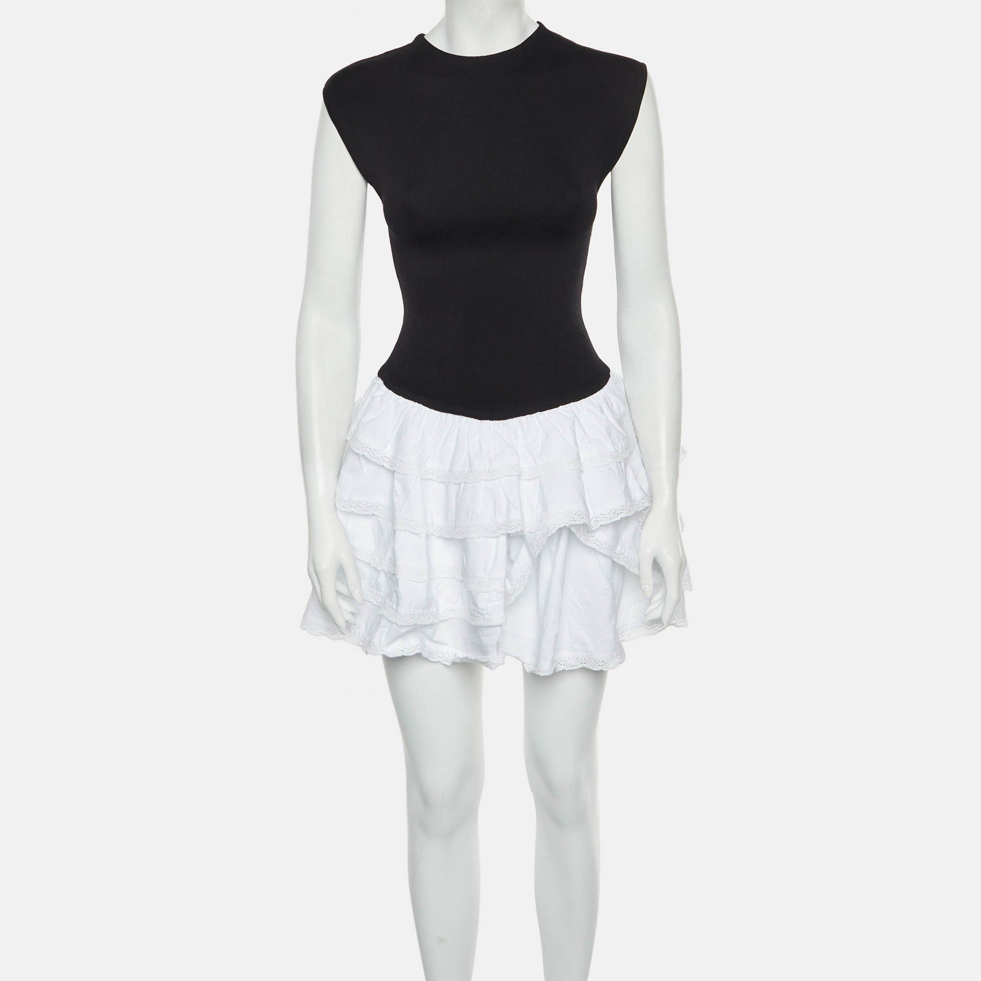 WHITE* Meshki Black/white Knit And Cotton Ruffle Mini Dress