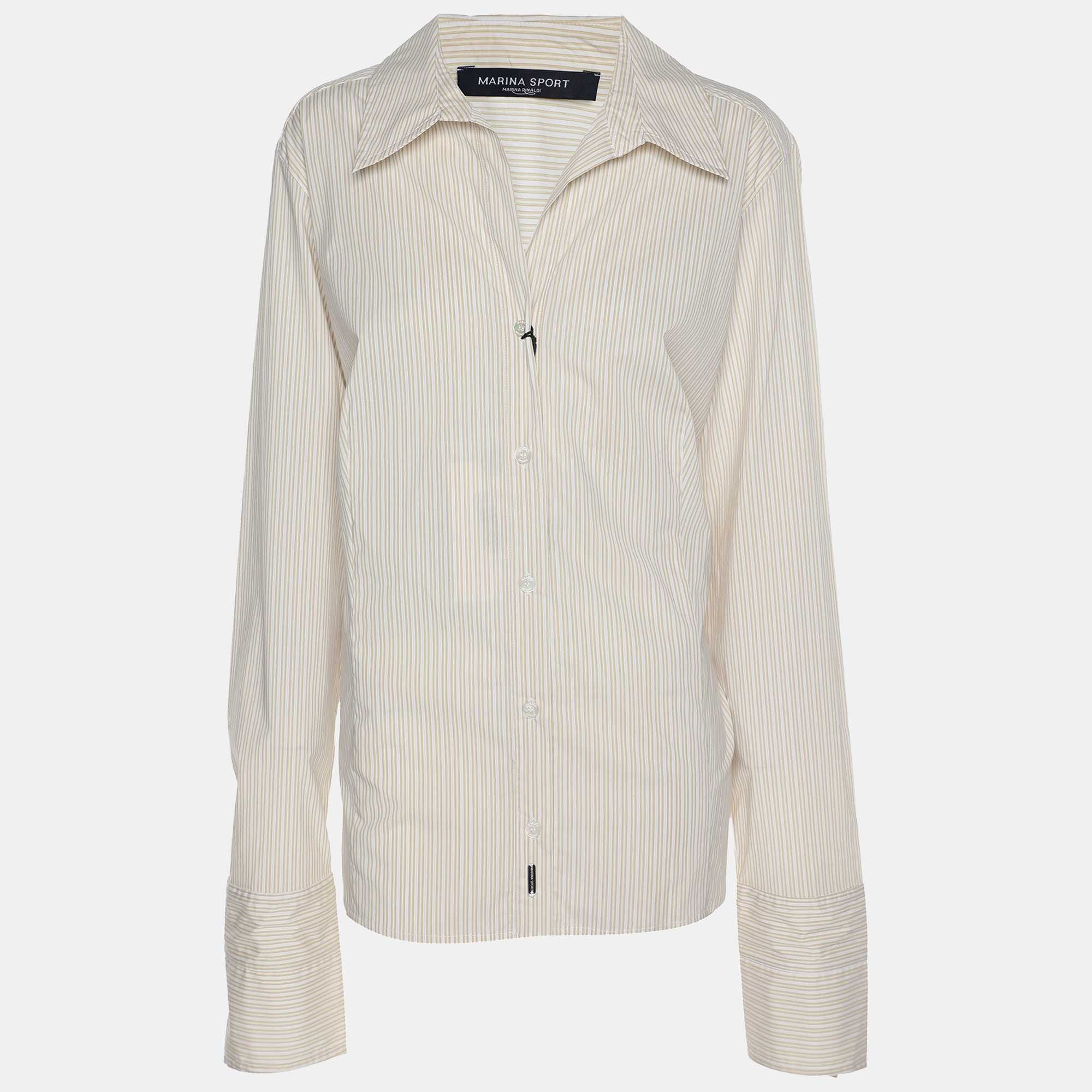 Marina Rinaldi Marina Sport By Marina Rinaldi Beige Stripe Cotton Blend Long Sleeve Shirt