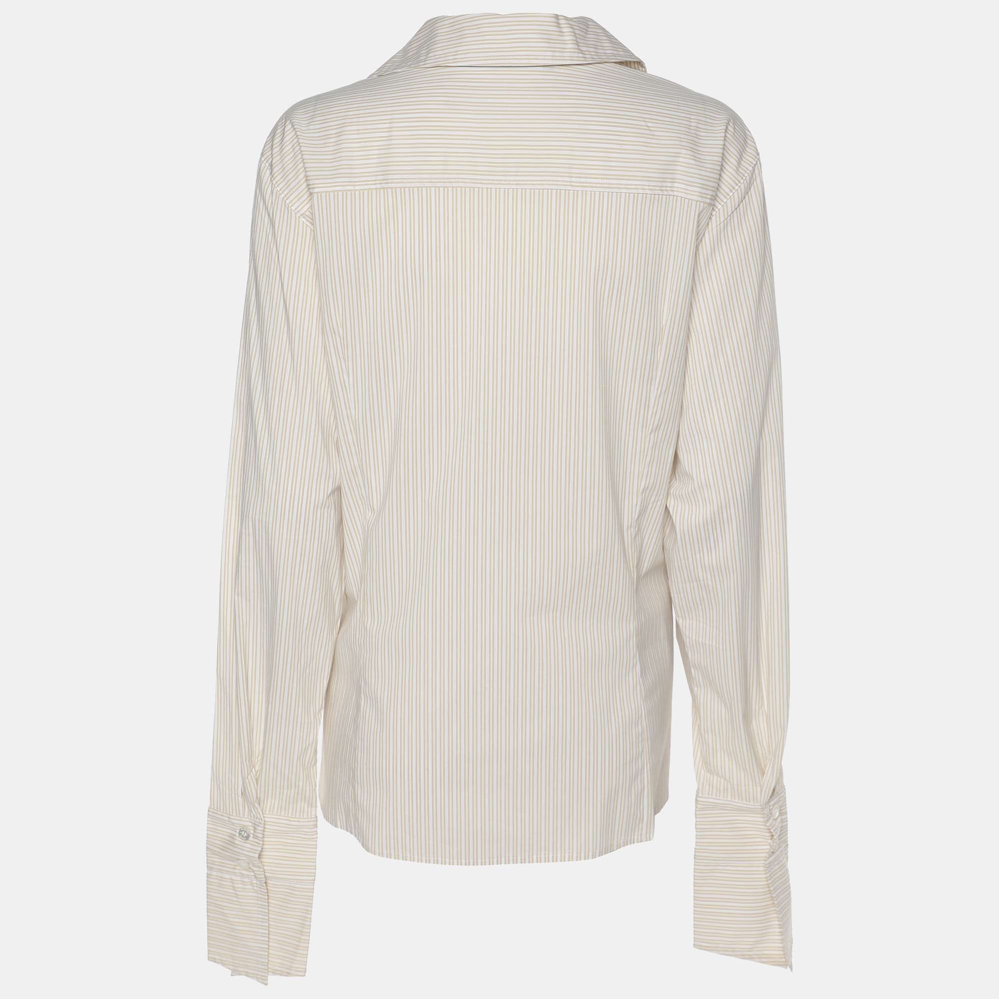 Marina Rinaldi Marina Sport By Marina Rinaldi Beige Stripe Cotton Blend Long Sleeve Shirt