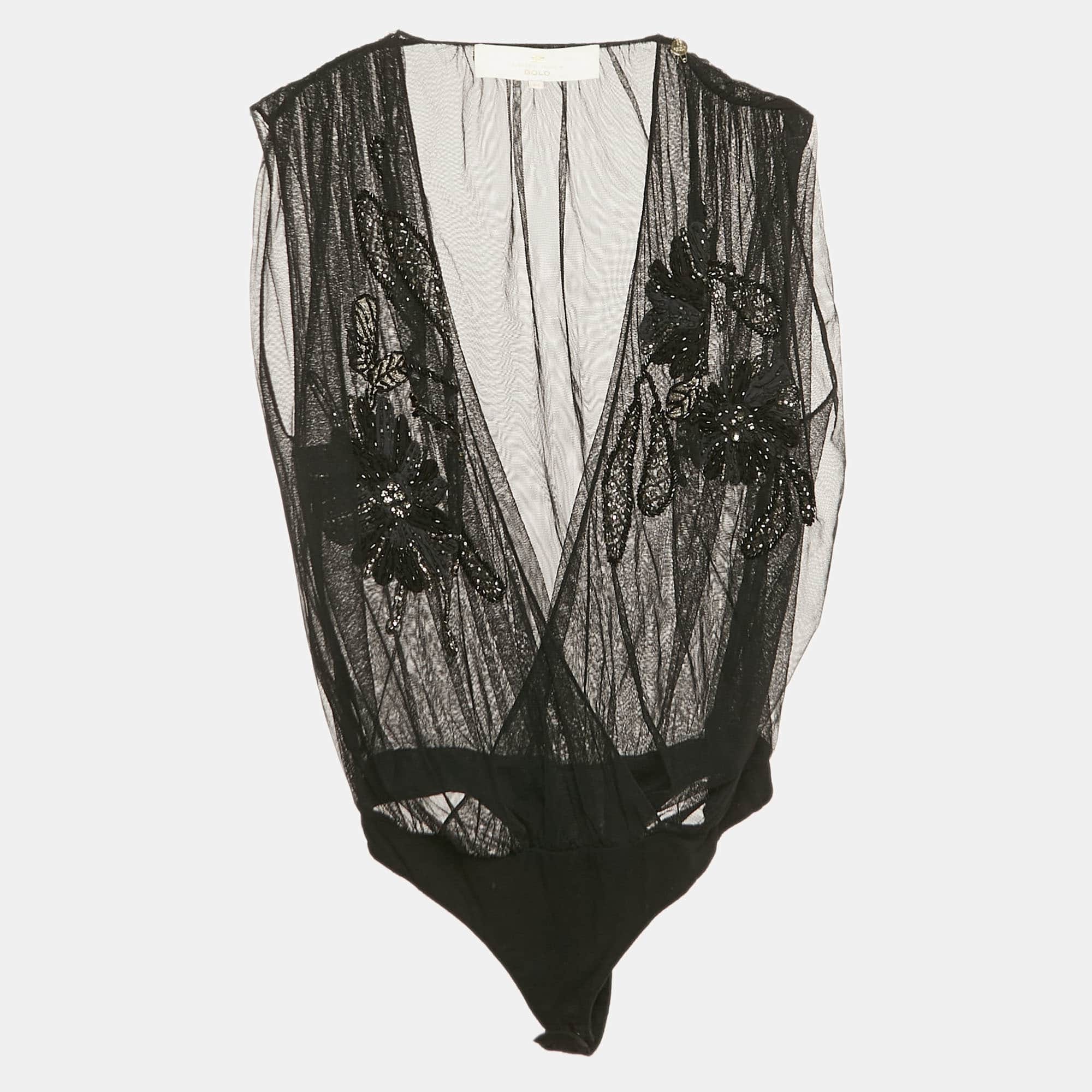 Elisabetta Franchi Gold Black Embellished Tulle Sleeveless Bodysuit