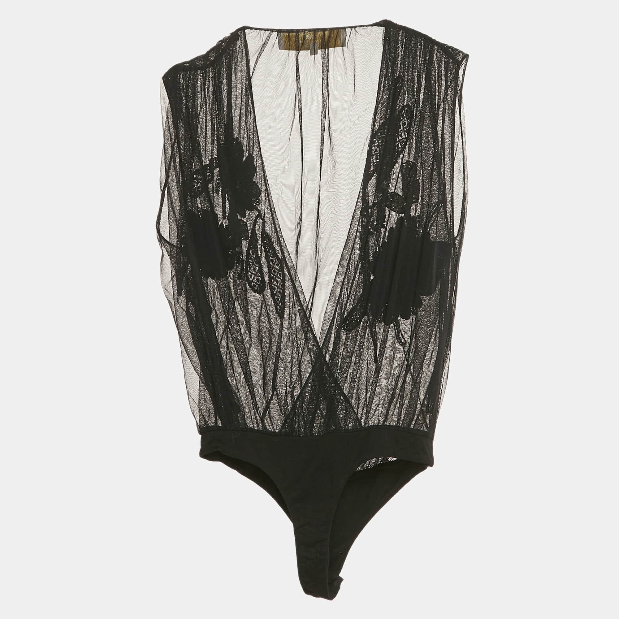 Elisabetta Franchi Gold Black Embellished Tulle Sleeveless Bodysuit