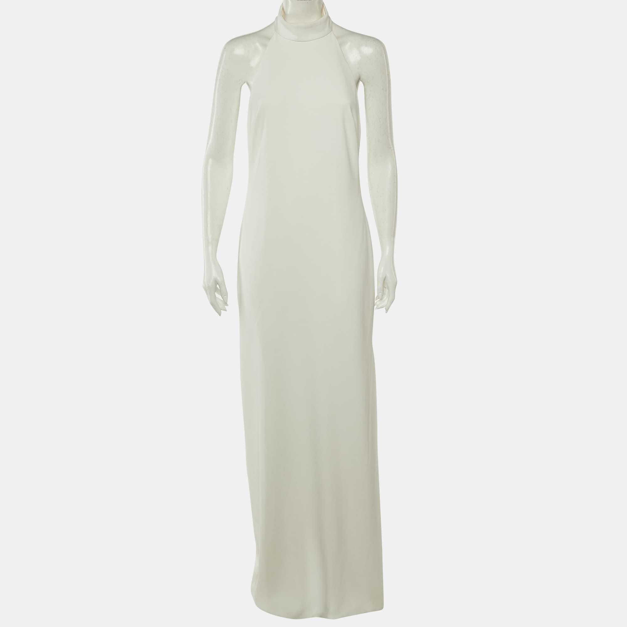 Badgley Mischka White Crepe Halter Neck Gown