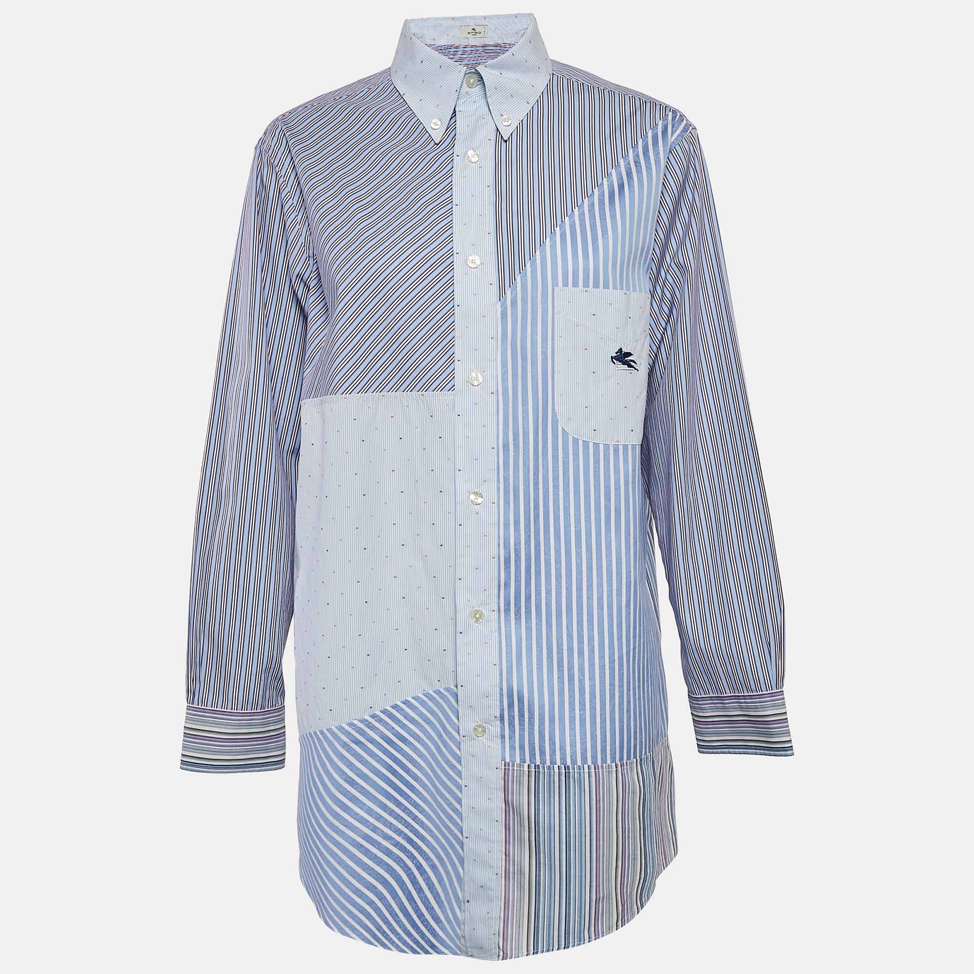Blue Patch Work Cotton Loose Fit Shirt