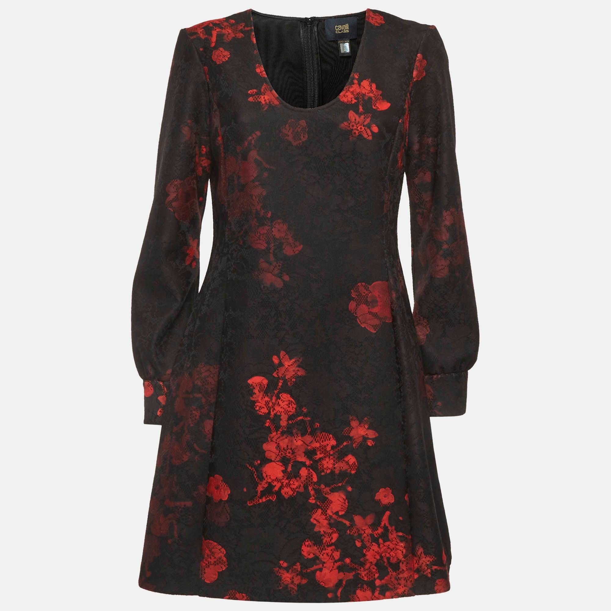 Cavalli Class Black/red Printed Lace Scoop Neck Mini Dress