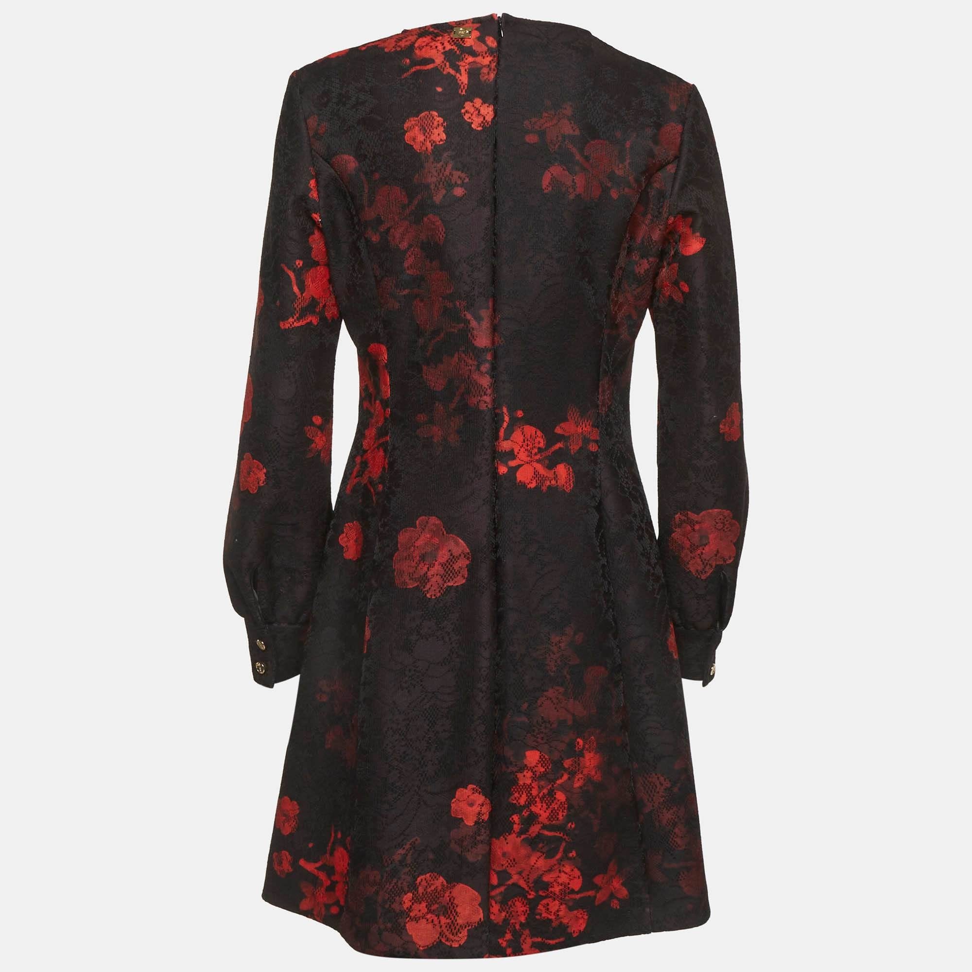 Cavalli Class Black/red Printed Lace Scoop Neck Mini Dress