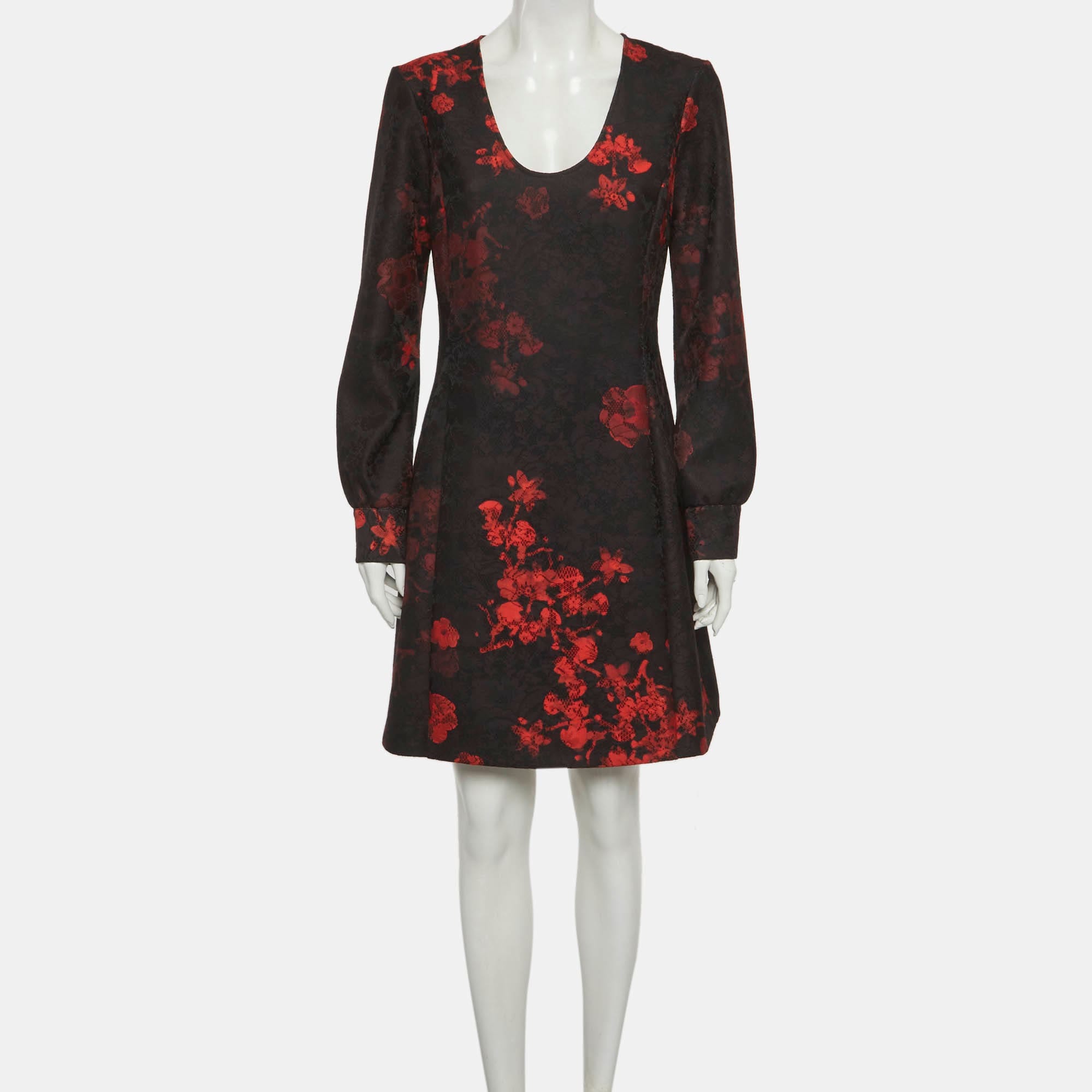 Cavalli Class Black/red Printed Lace Scoop Neck Mini Dress