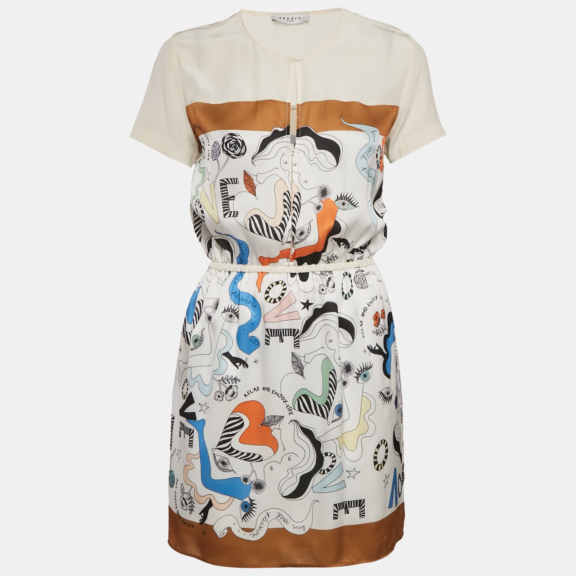 White Printed Crepe And Silk Trim Mini Dress