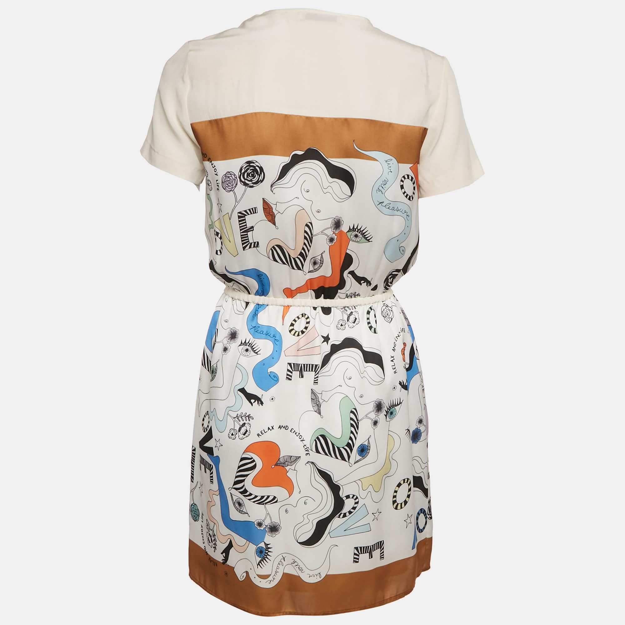 White Printed Crepe And Silk Trim Mini Dress