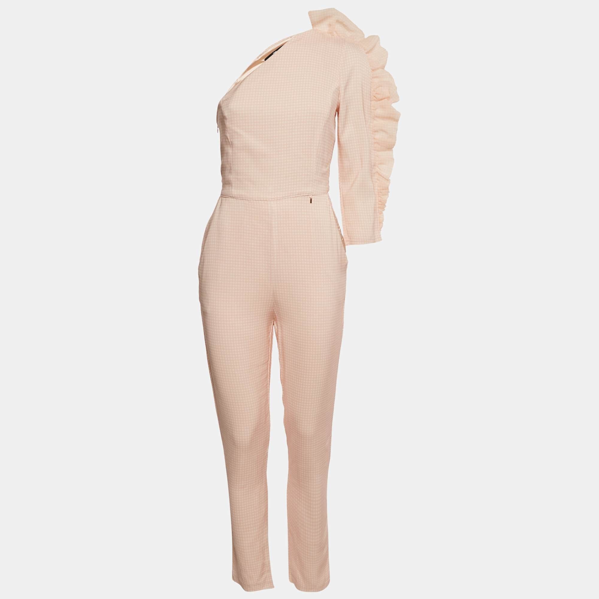 ONE Peach Gingham Cotton Ruffled One Shoulder Jumpsuit
