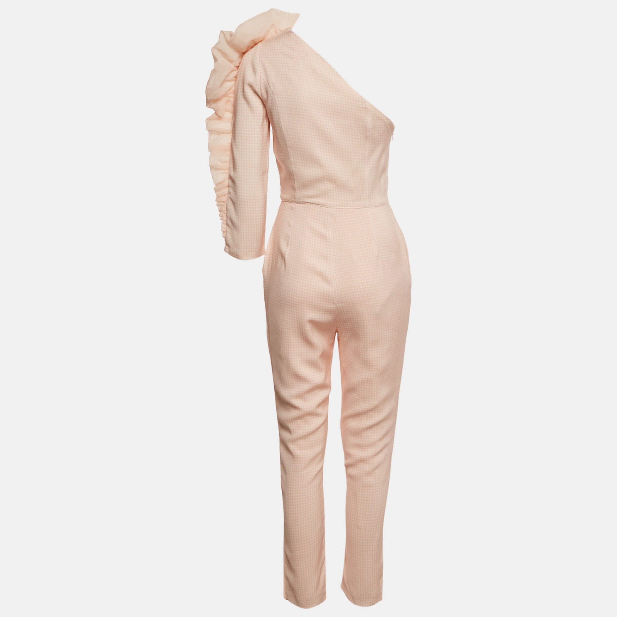ONE Peach Gingham Cotton Ruffled One Shoulder Jumpsuit