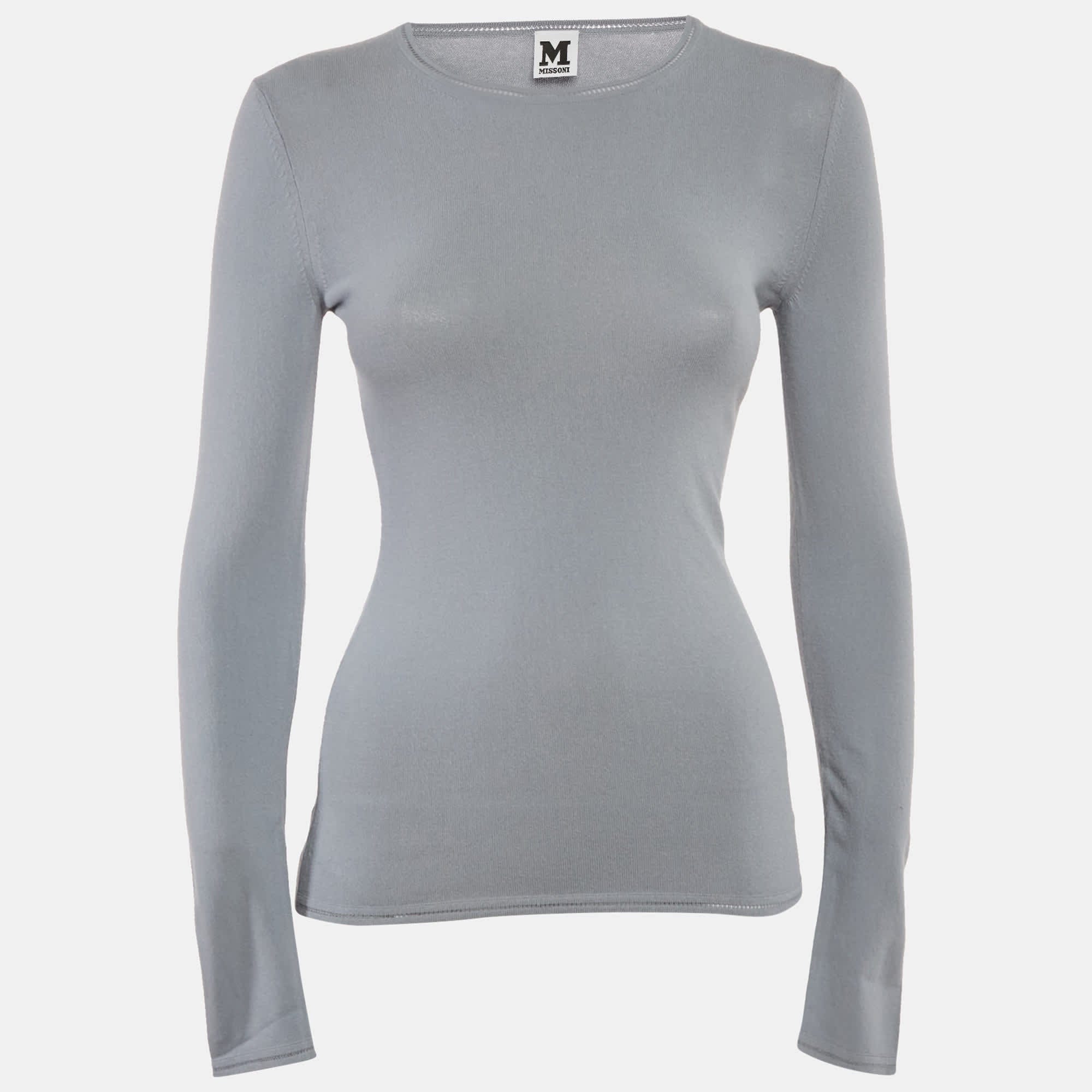 M Missoni Grey Stretch Knit Crewneck Sweatshirt