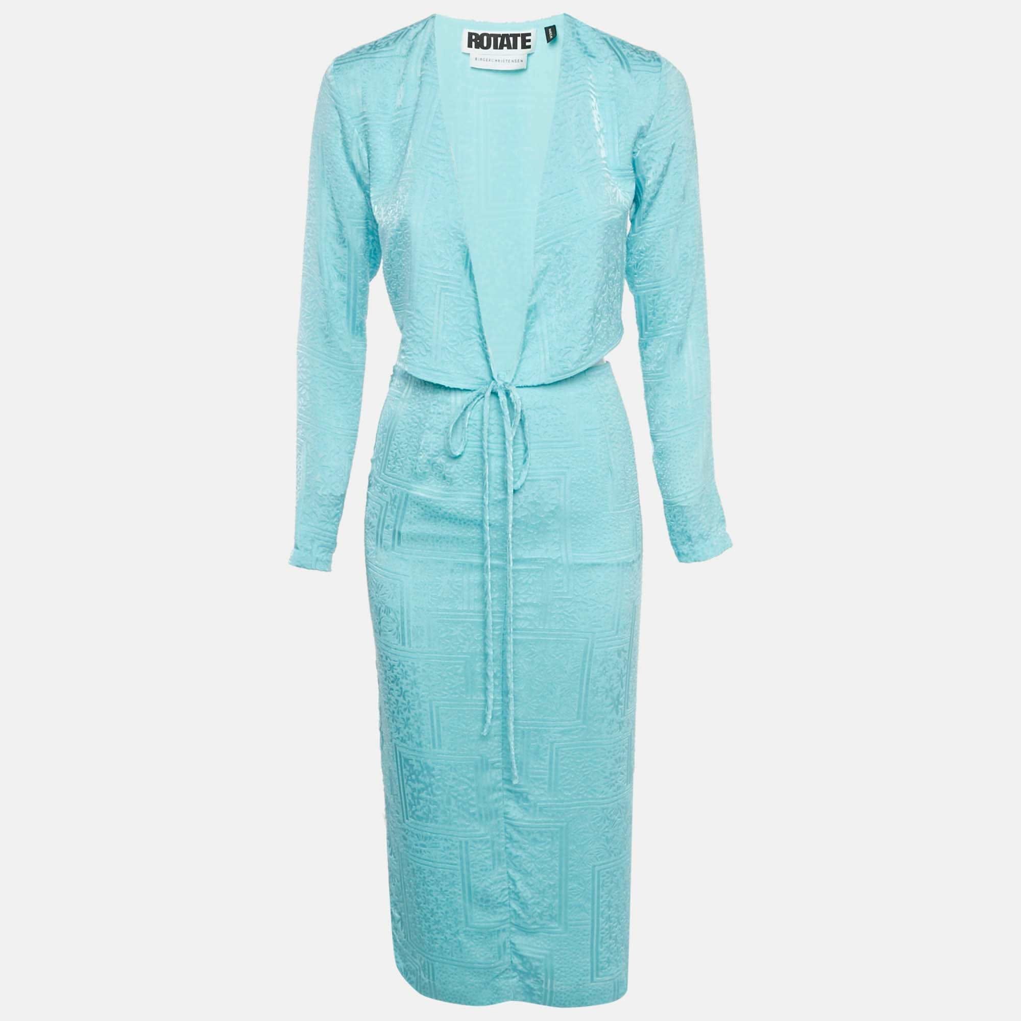 Blue Textured Jacquard Wrap Top And Skirt Set