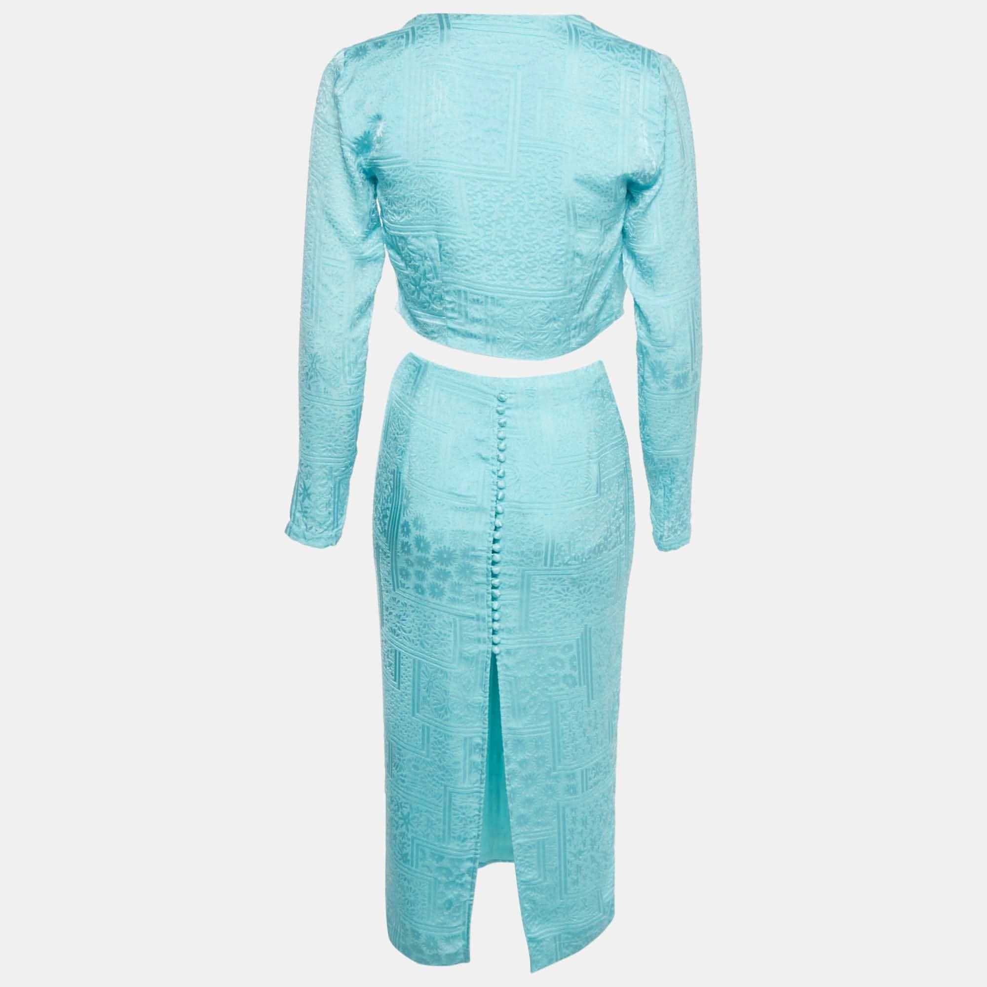 Blue Textured Jacquard Wrap Top And Skirt Set