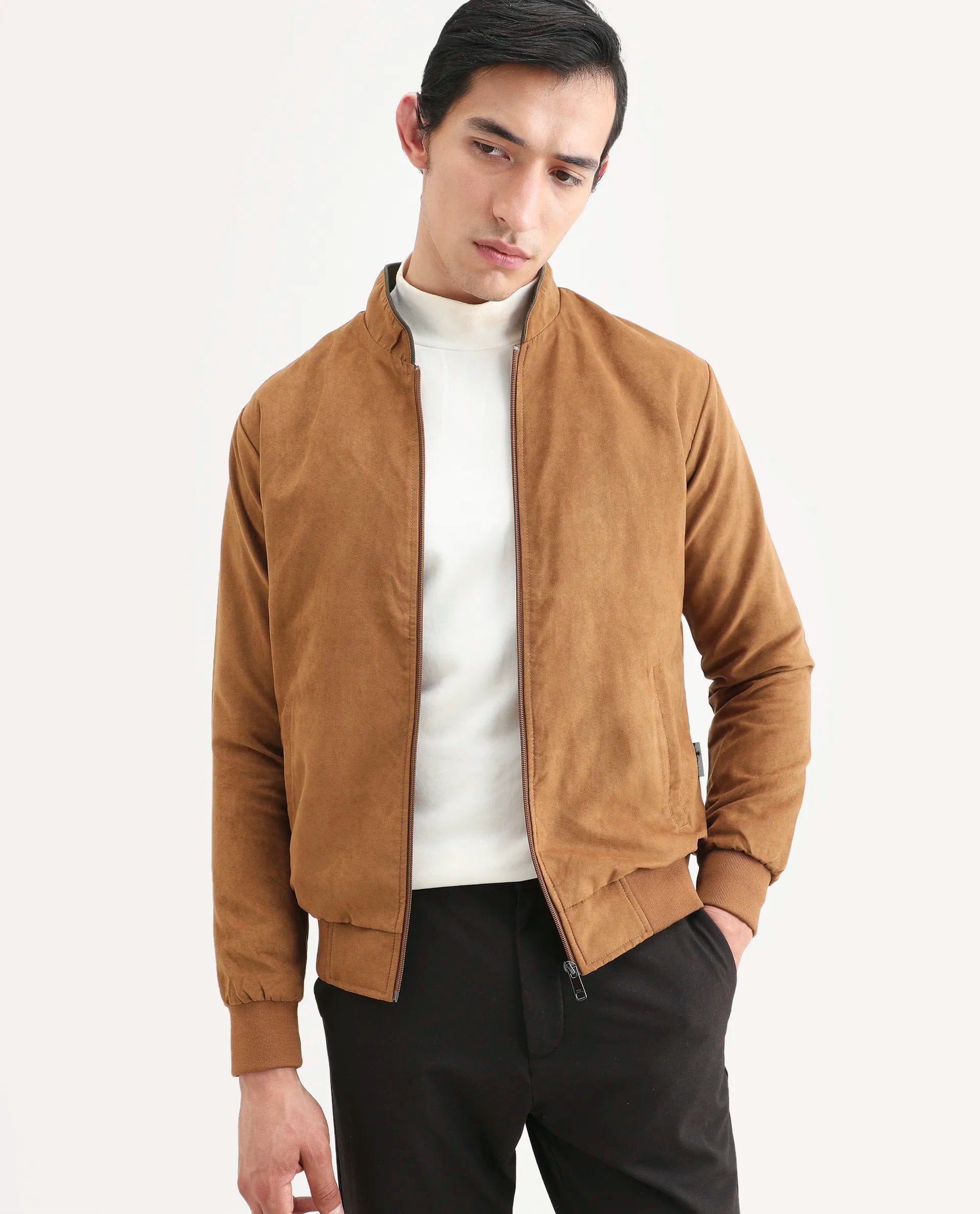 RARE Rabbit Men's Henron Yellow Suede Plain Regular Fit Full Sleeve Mandarin Collar Jacket