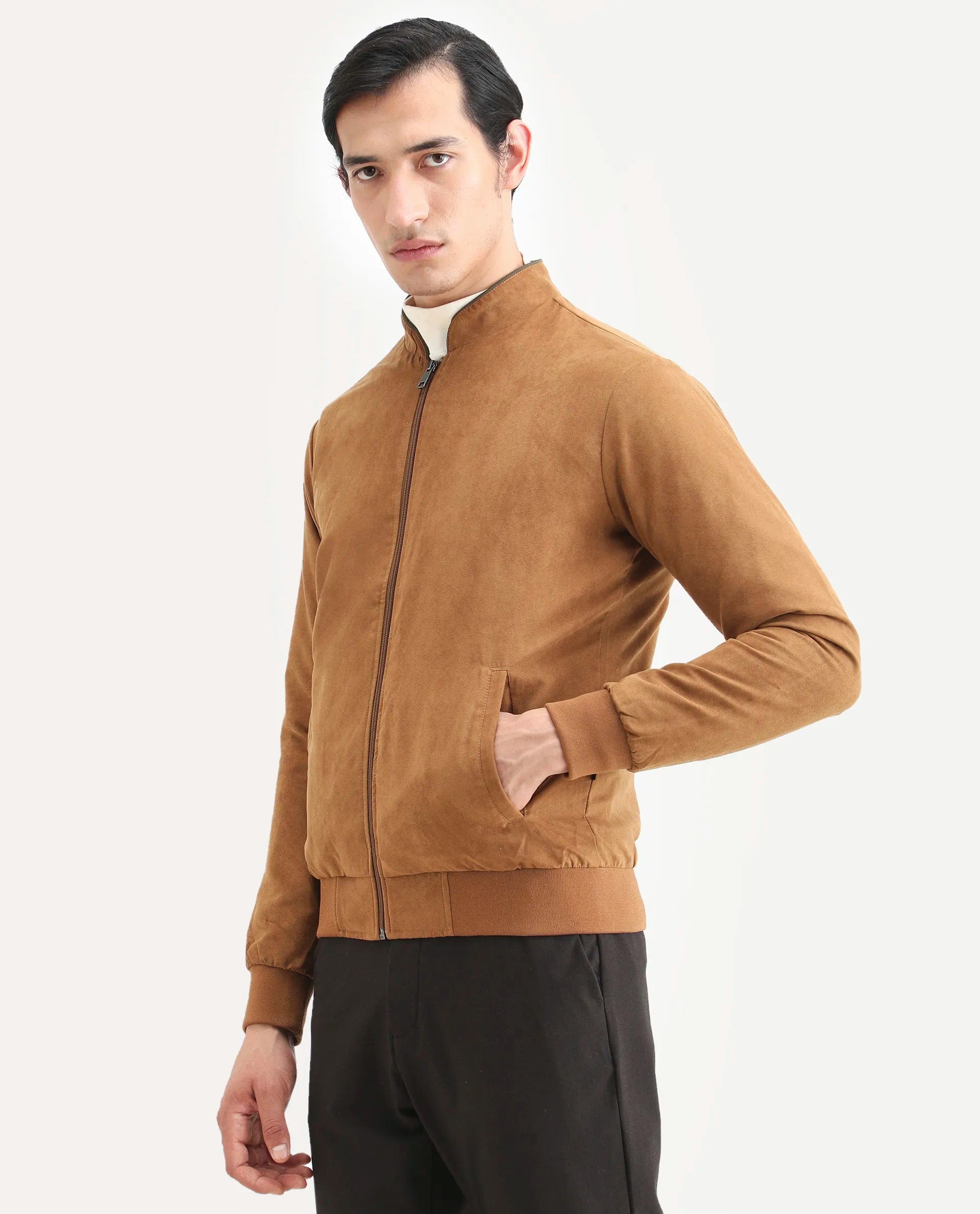 RARE Rabbit Men's Henron Yellow Suede Plain Regular Fit Full Sleeve Mandarin Collar Jacket