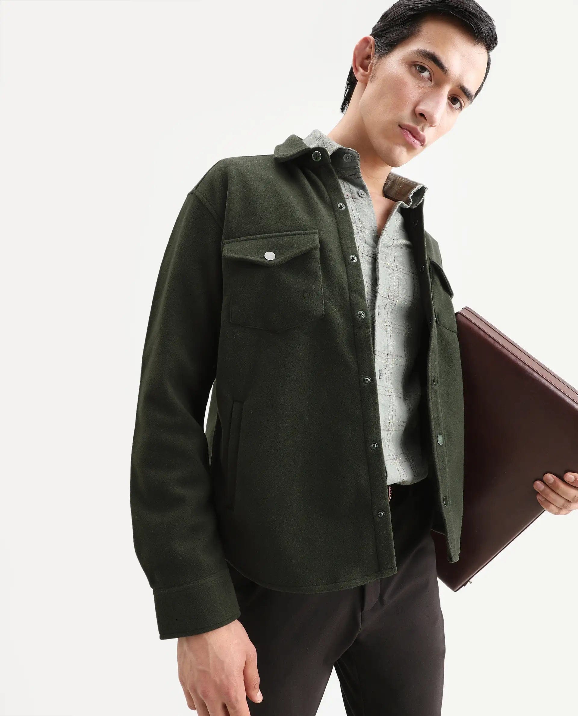 RARE Rabbit Men's Cason Dark Green Polyester Plain Regular Fit Full Sleeve Spread Collar Jacket