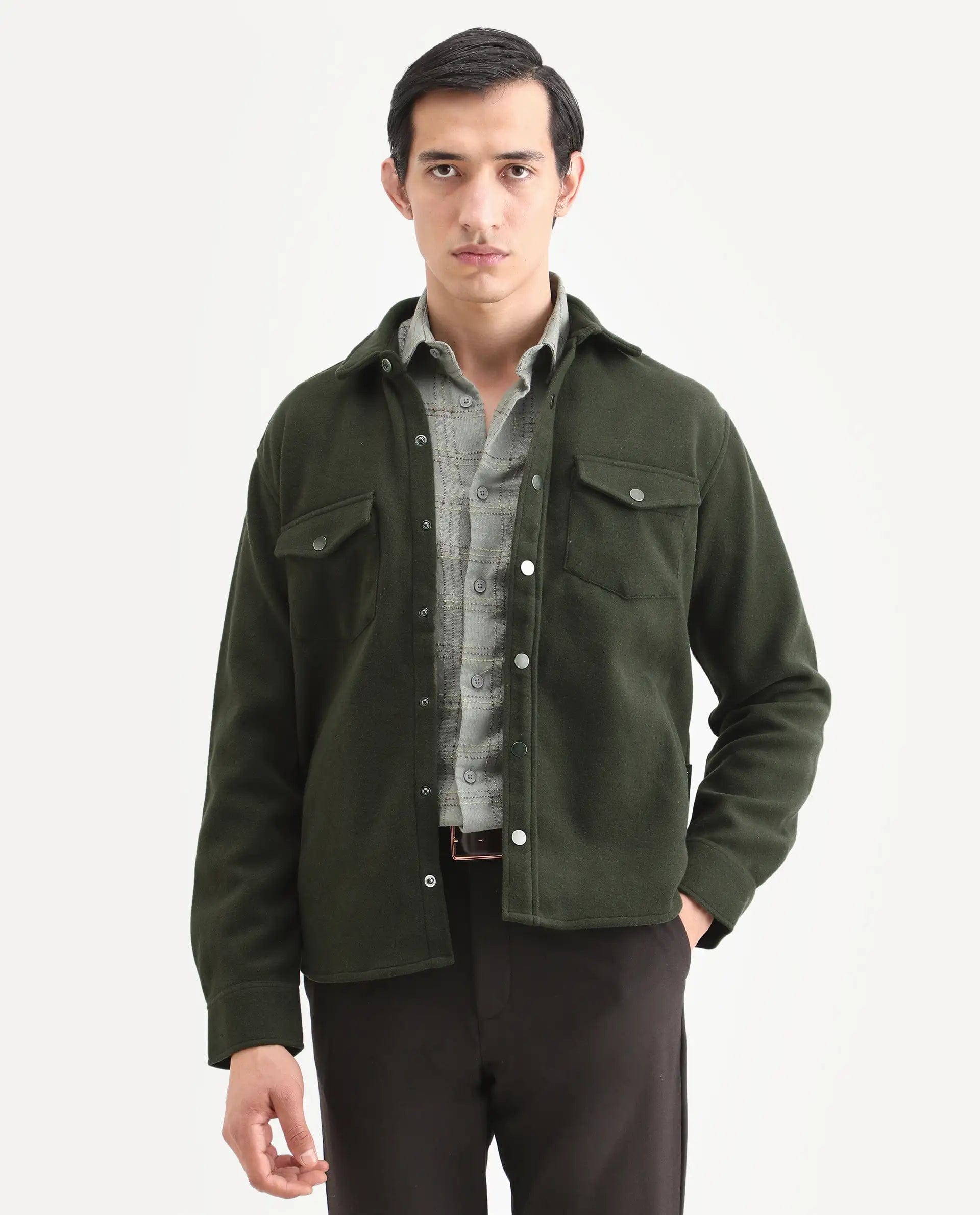 RARE Rabbit Men's Cason Dark Green Polyester Plain Regular Fit Full Sleeve Spread Collar Jacket