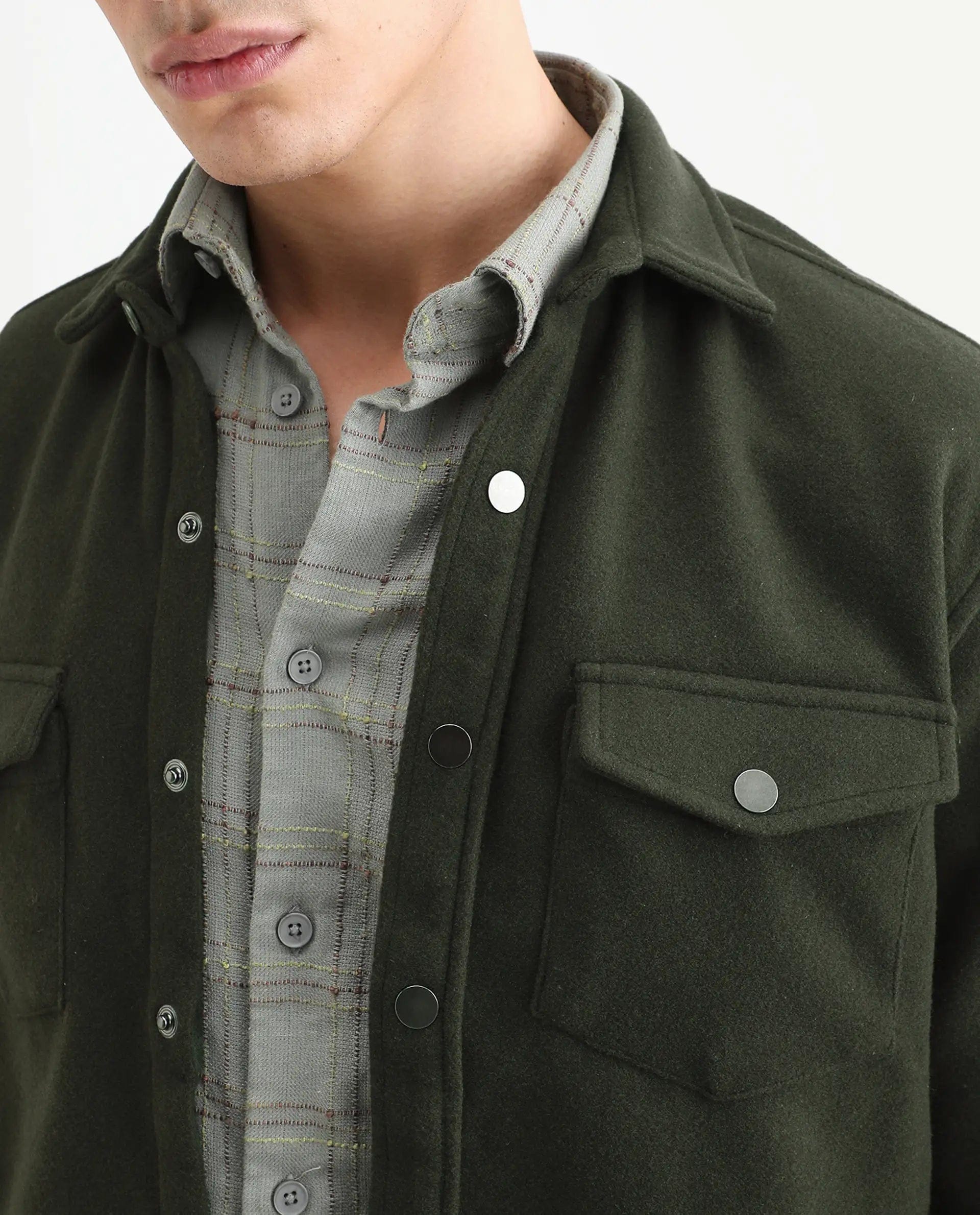 RARE Rabbit Men's Cason Dark Green Polyester Plain Regular Fit Full Sleeve Spread Collar Jacket