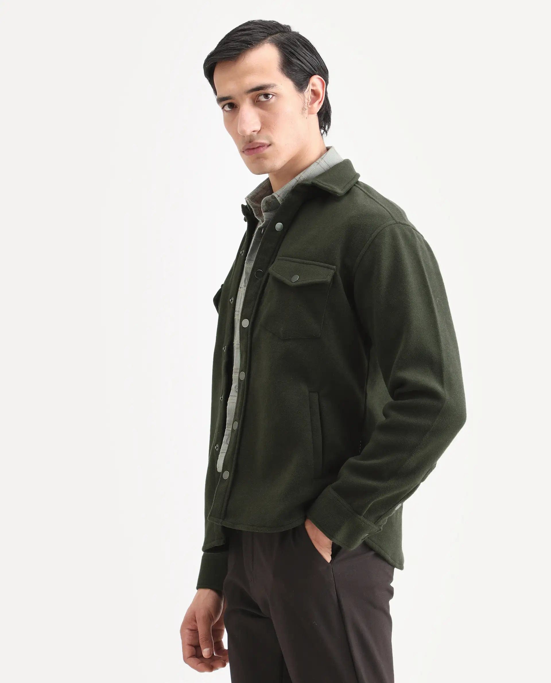RARE Rabbit Men's Cason Dark Green Polyester Plain Regular Fit Full Sleeve Spread Collar Jacket