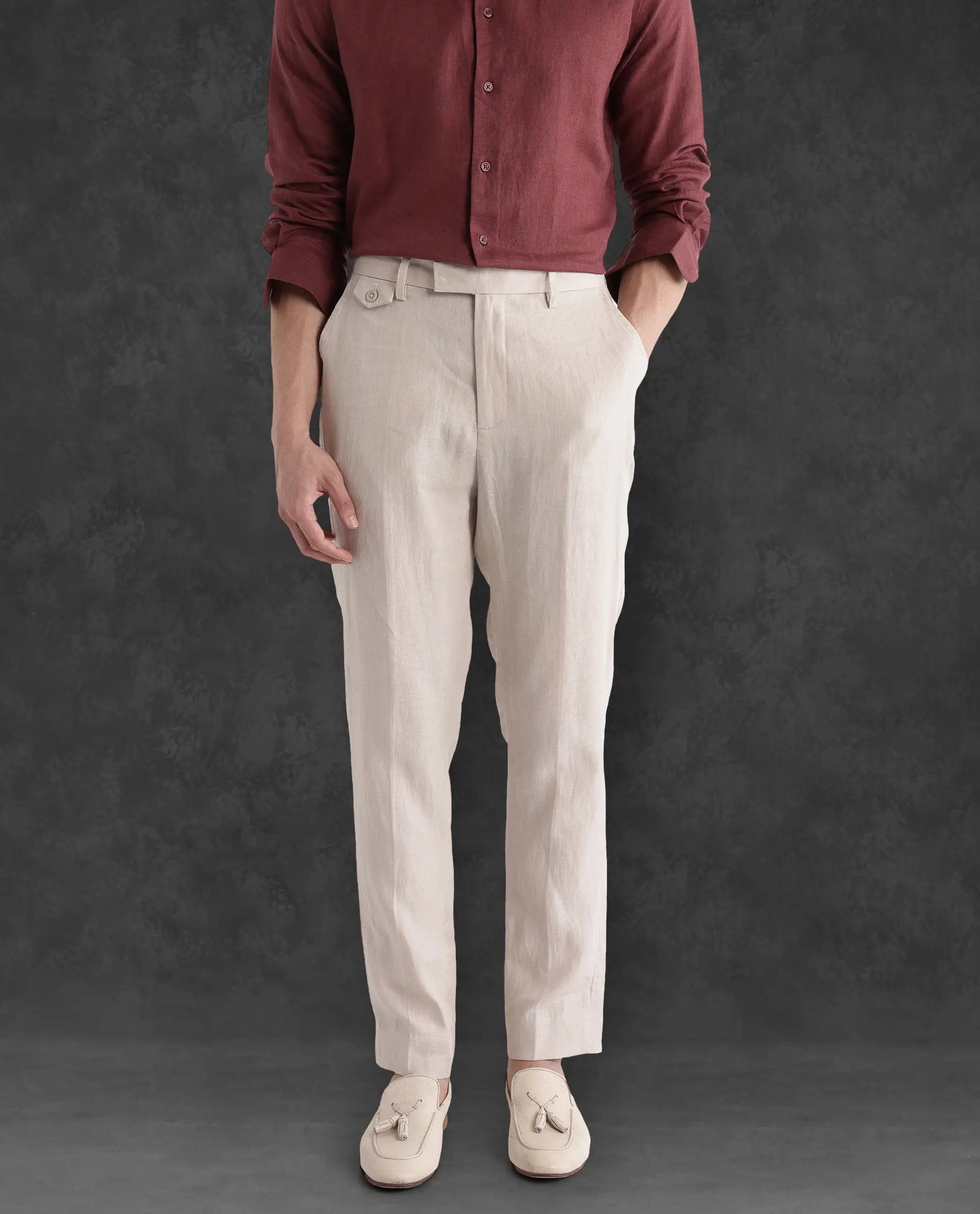 RARE Rabbit Men's Arcelo - 2 Beige Linen Plain Regular Fit Trouser