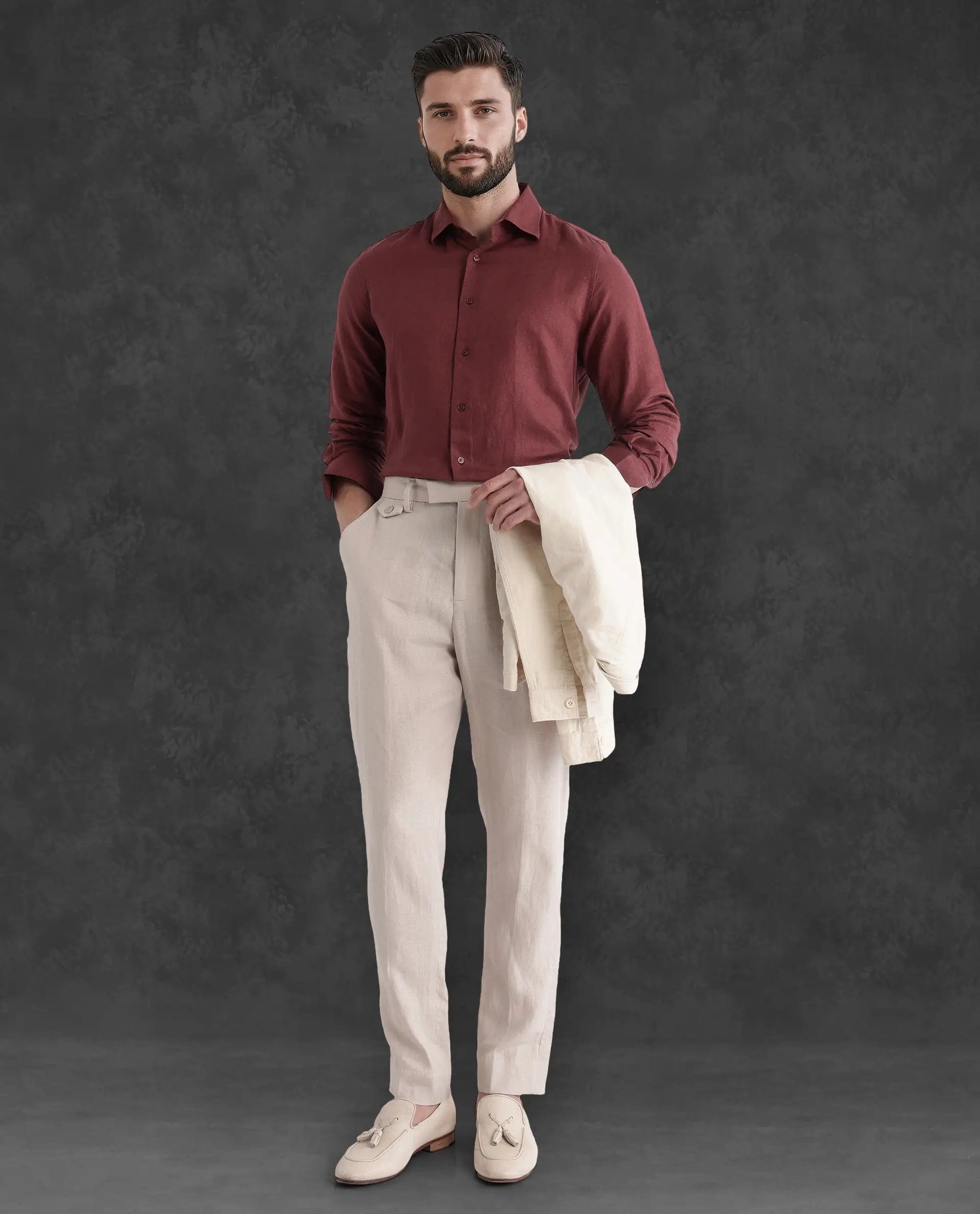 RARE Rabbit Men's Arcelo - 2 Beige Linen Plain Regular Fit Trouser