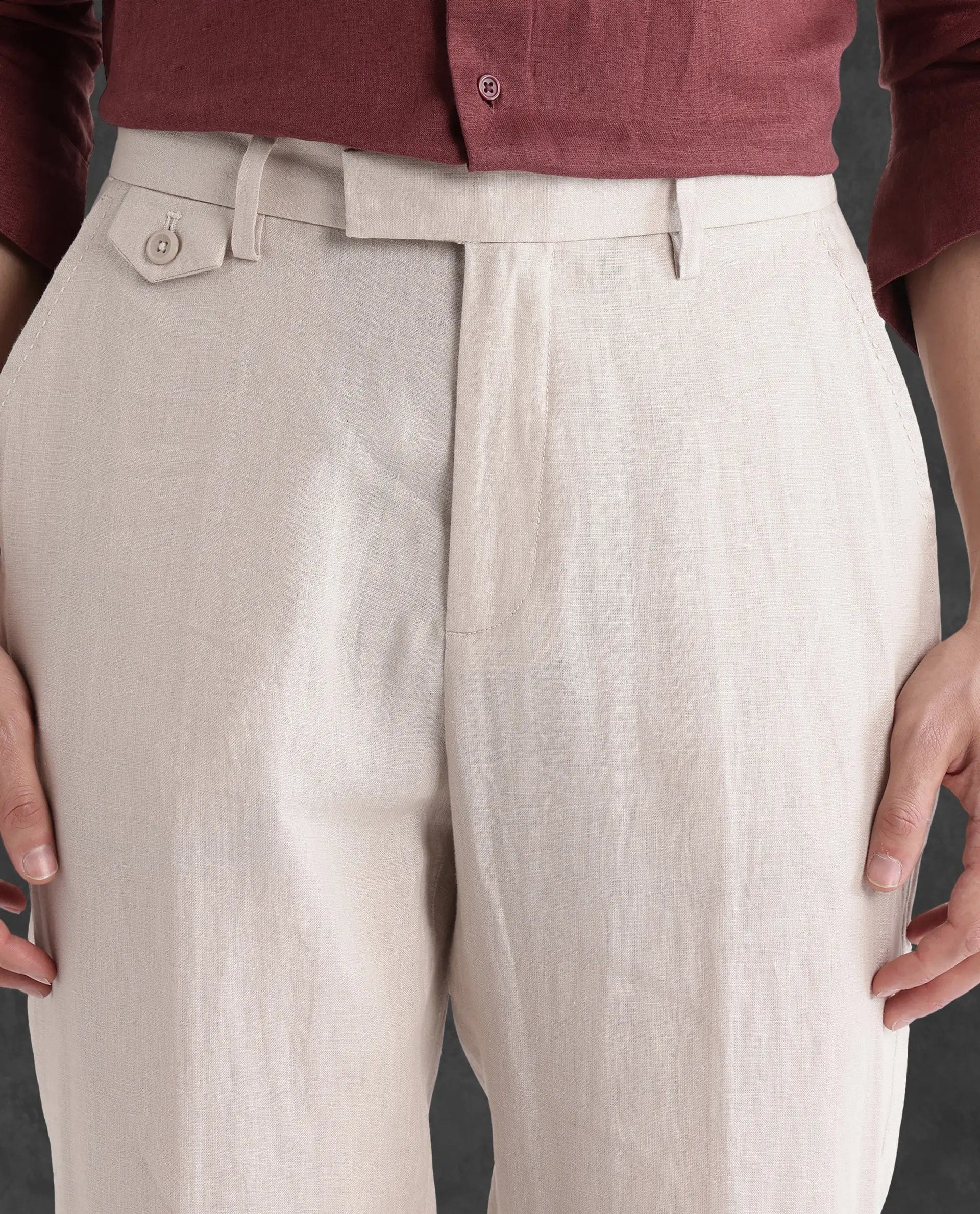 RARE Rabbit Men's Arcelo - 2 Beige Linen Plain Regular Fit Trouser