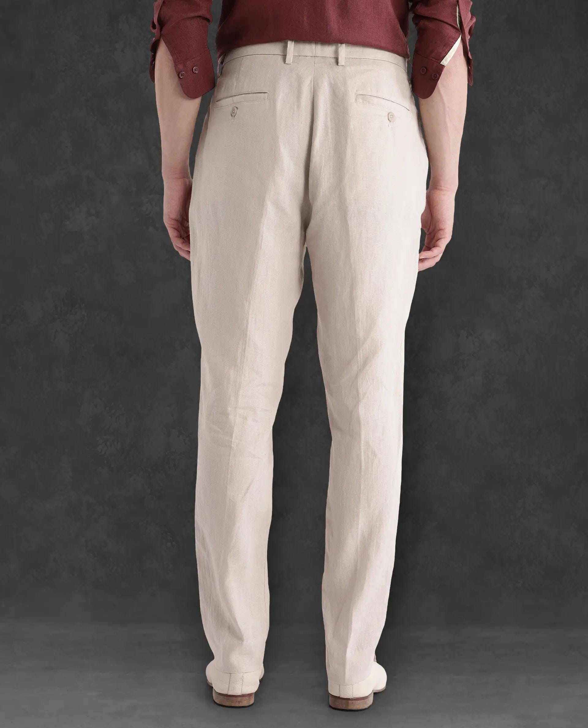 RARE Rabbit Men's Arcelo - 2 Beige Linen Plain Regular Fit Trouser