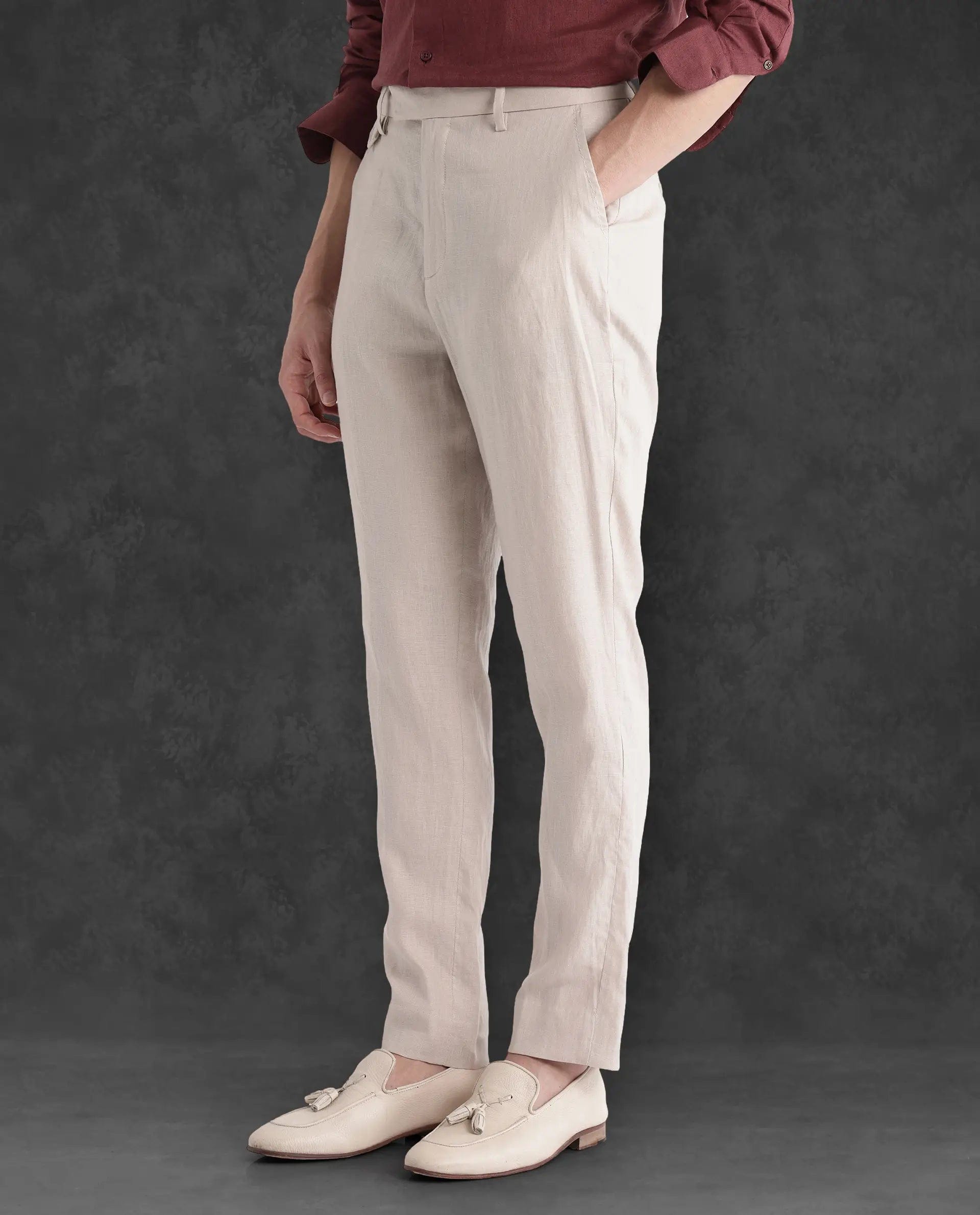 RARE Rabbit Men's Arcelo - 2 Beige Linen Plain Regular Fit Trouser