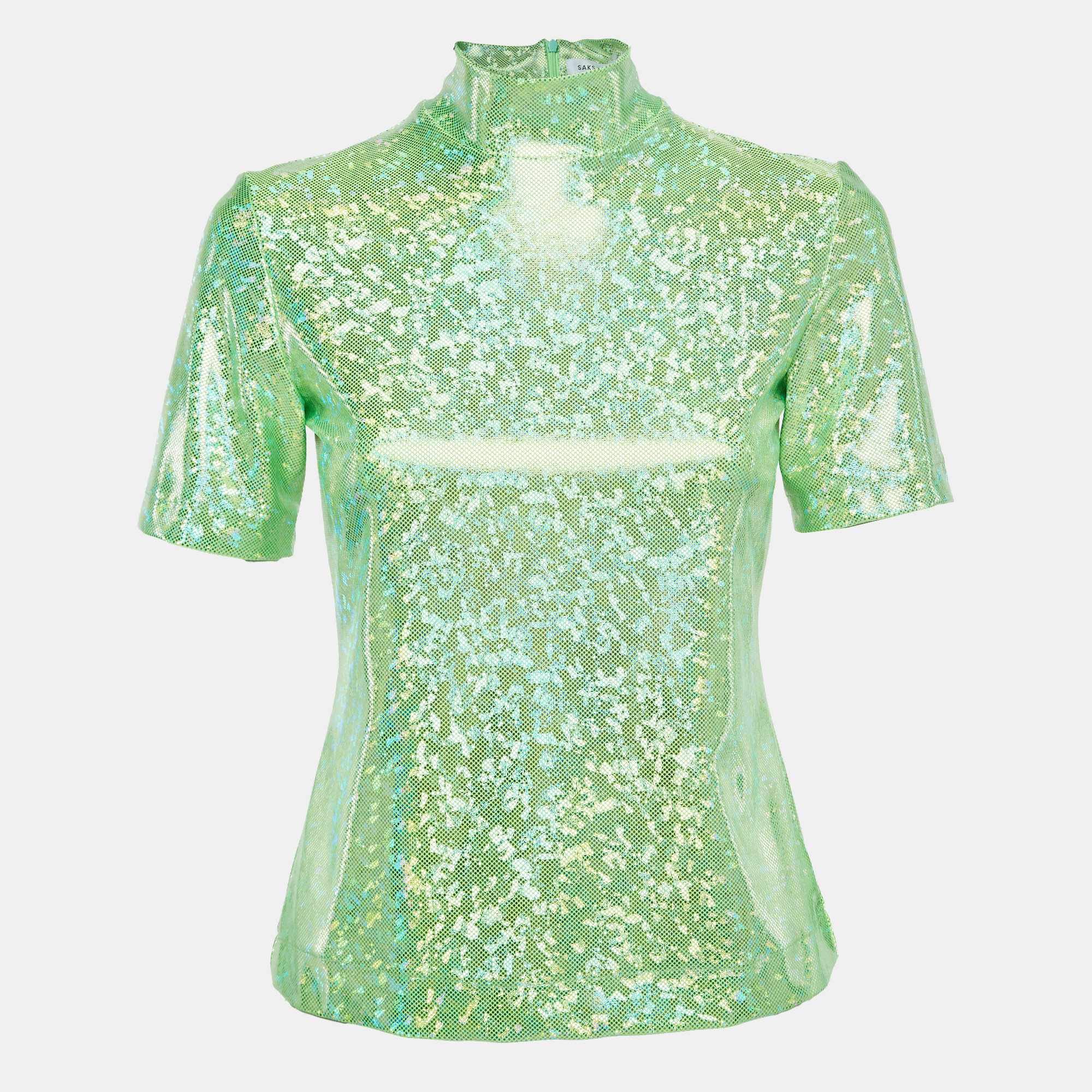 Saks Potts Poison Green Foil Print Jersey Cut - Out Top