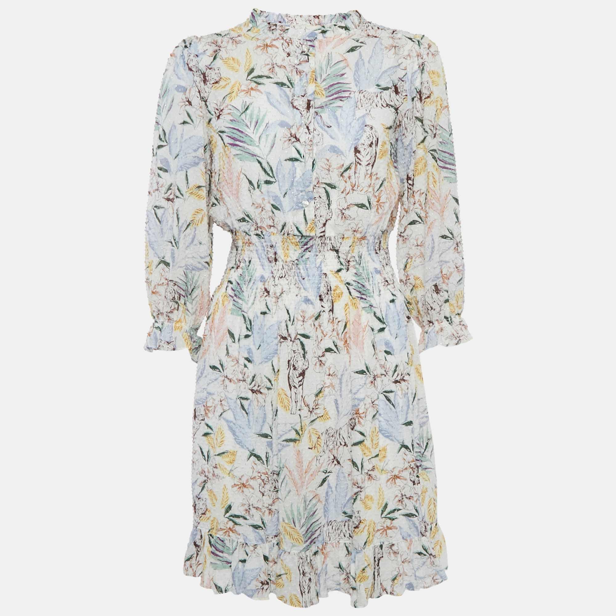 WHITE* Maje White Floral Print Chiffon Ruffled Mini Dress