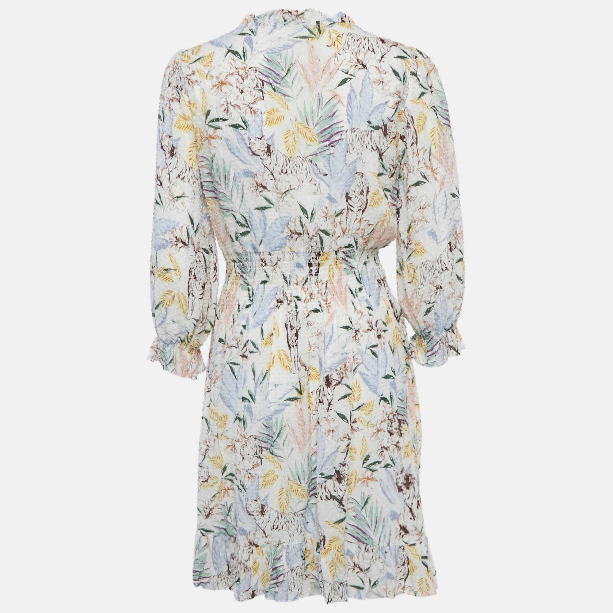 WHITE* Maje White Floral Print Chiffon Ruffled Mini Dress