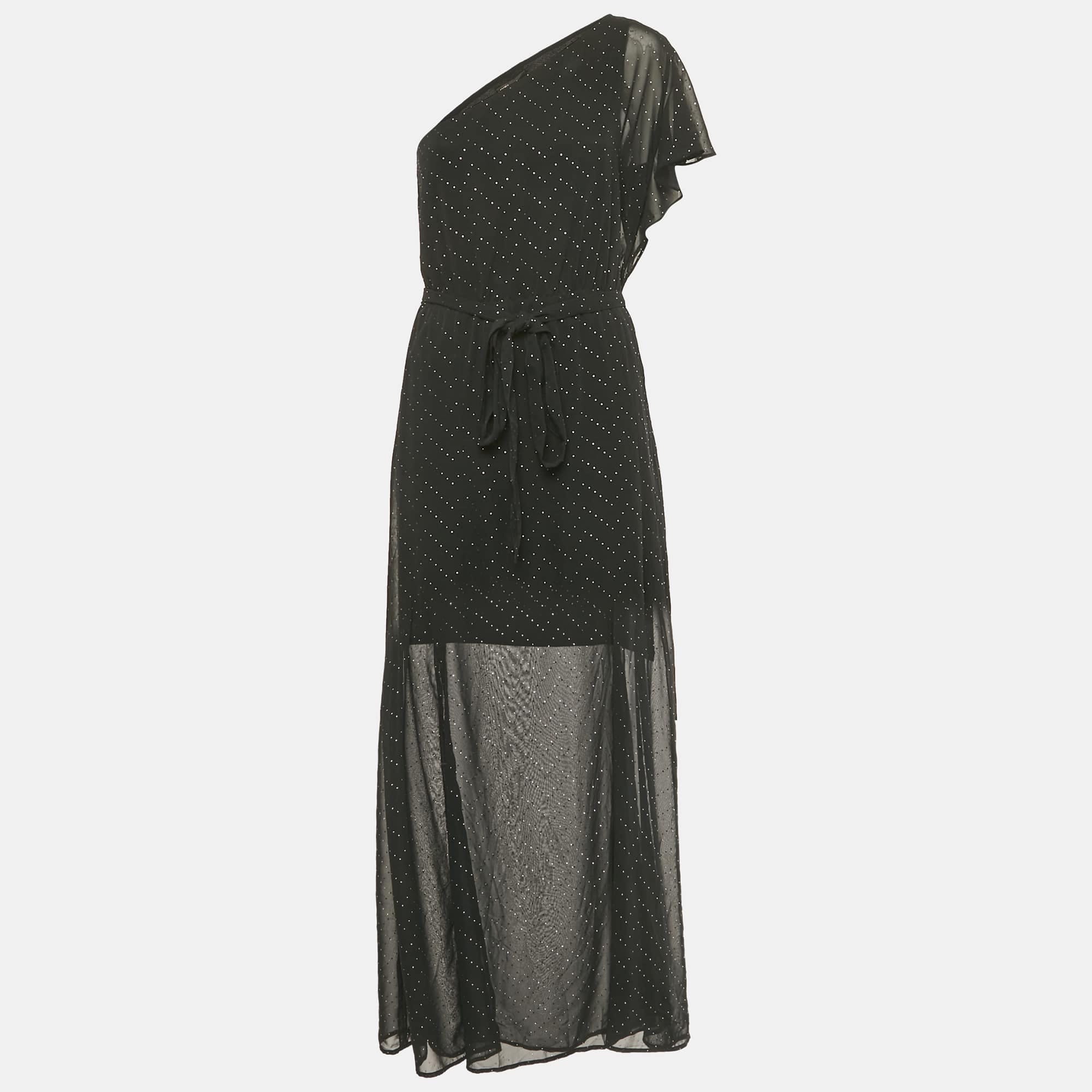 ONE Black Embellished One Shoulder Crepe Maxi Dress