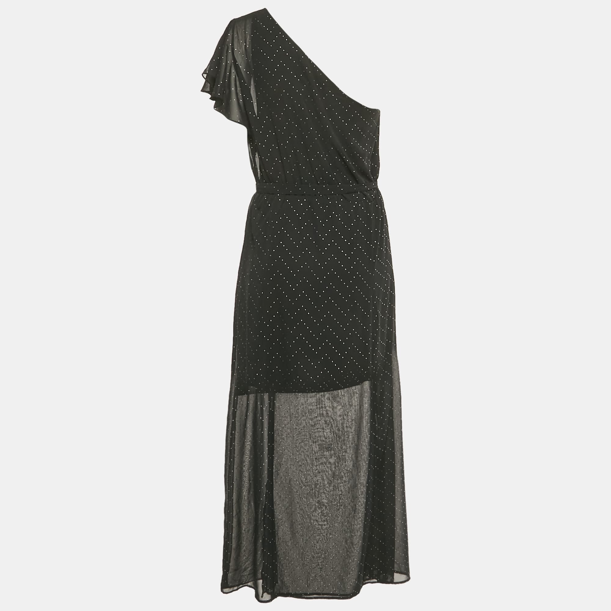 ONE Black Embellished One Shoulder Crepe Maxi Dress