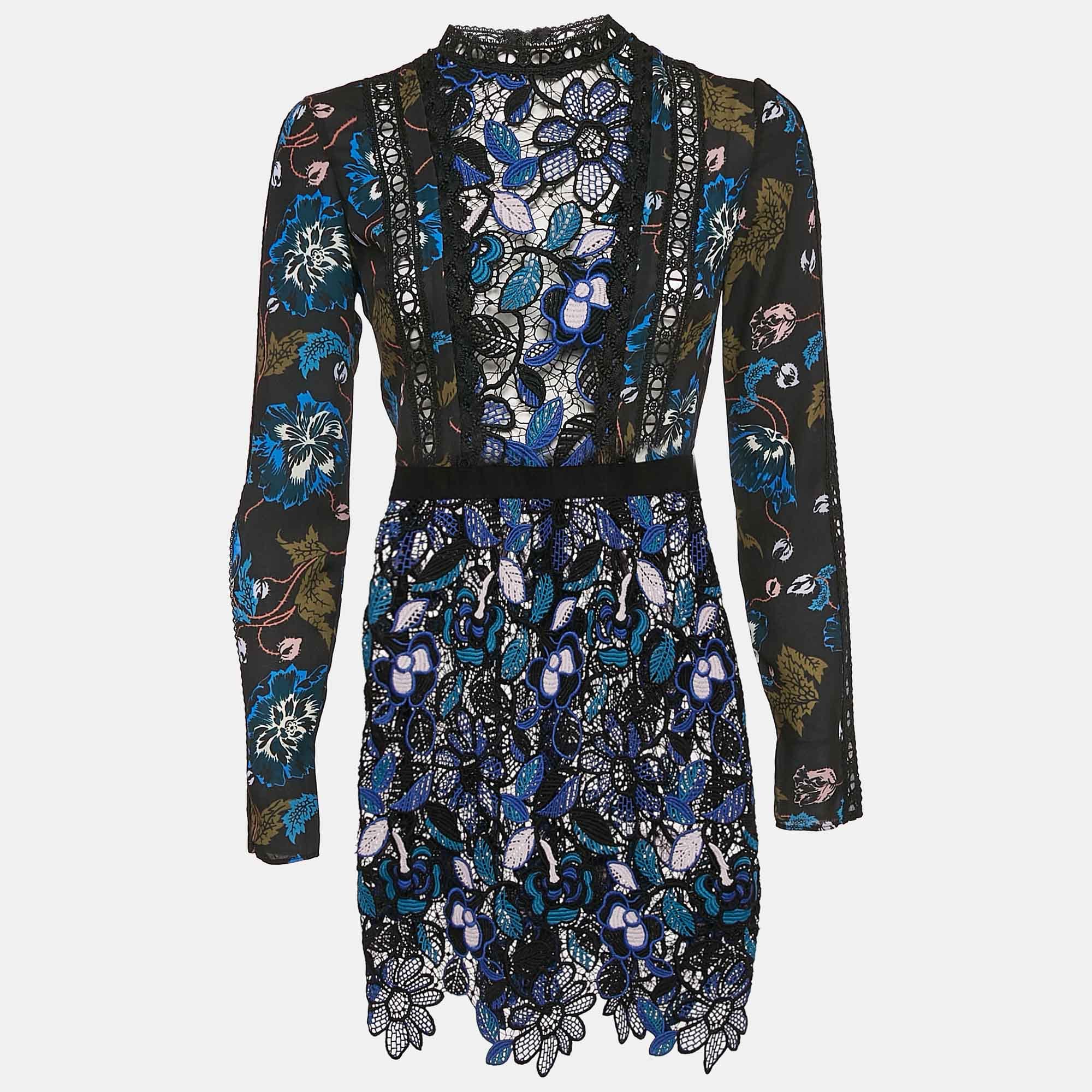 Blue/black Floral Print Chiffon And Lace Short Dress