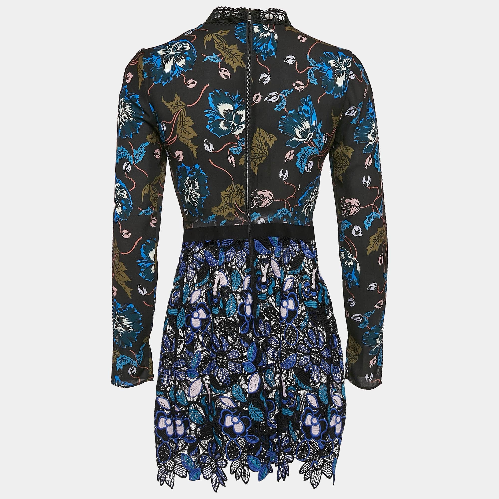 Blue/black Floral Print Chiffon And Lace Short Dress