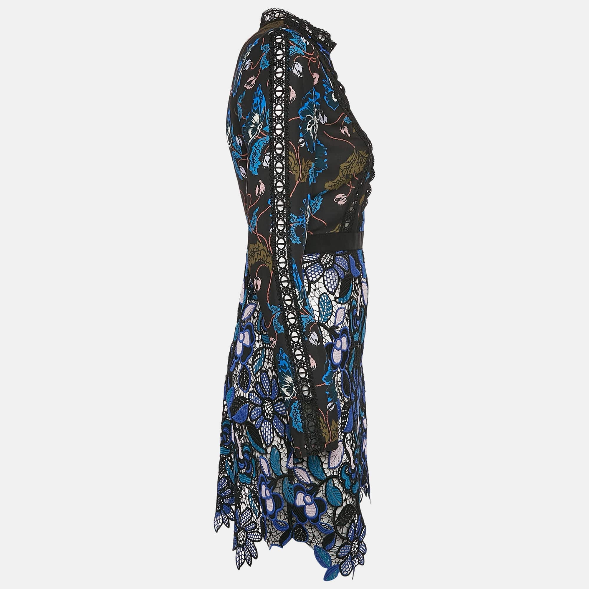 Blue/black Floral Print Chiffon And Lace Short Dress