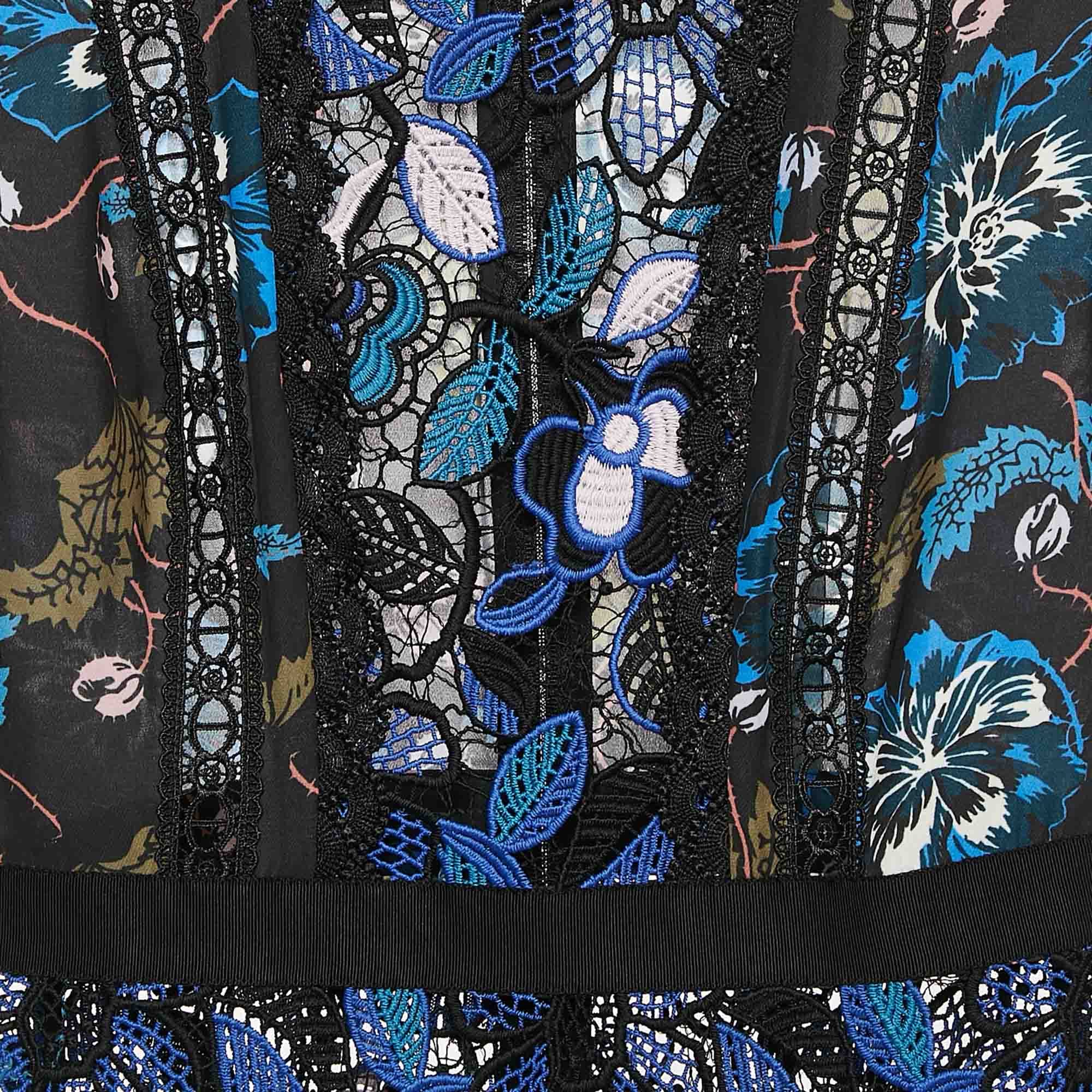 Blue/black Floral Print Chiffon And Lace Short Dress