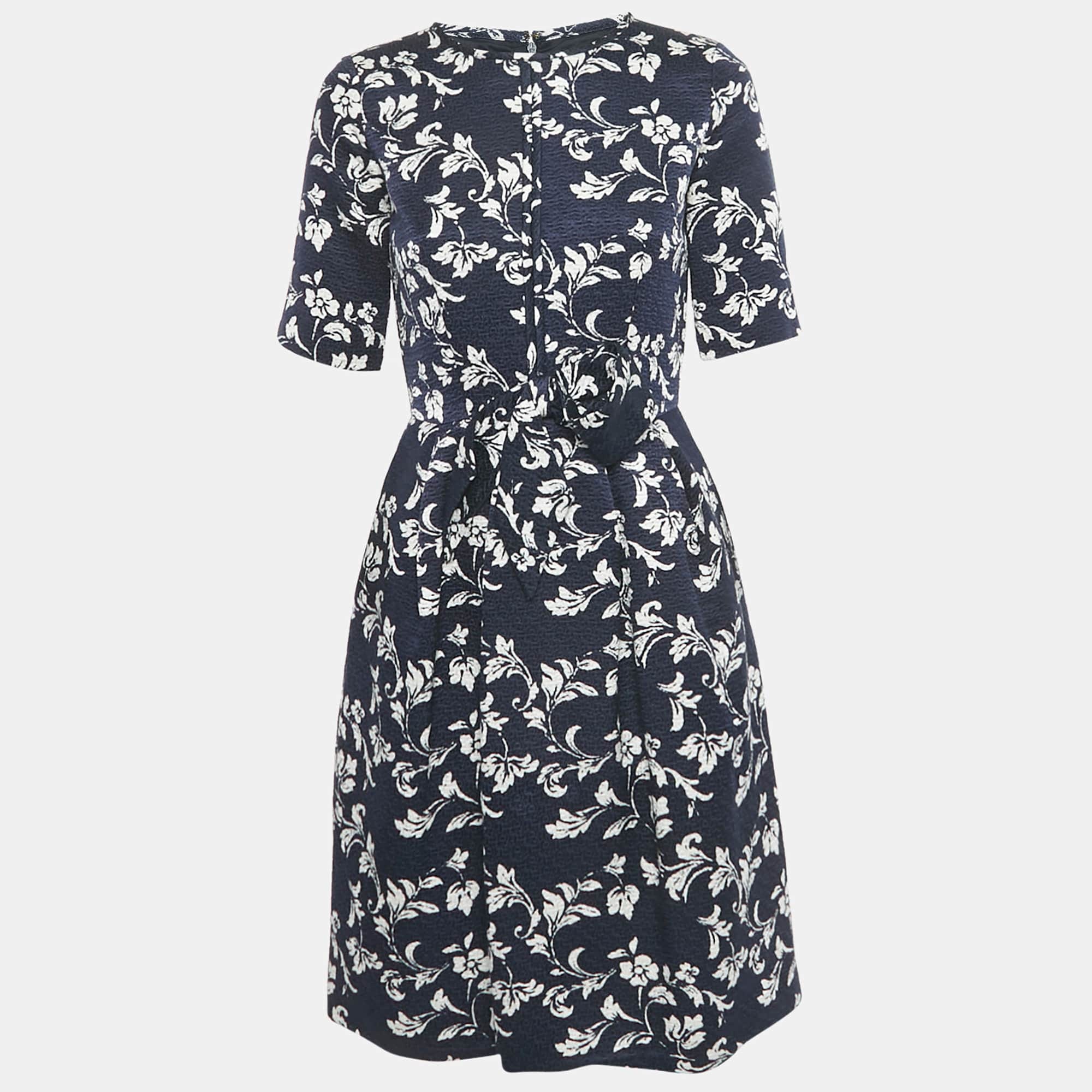 Blue Navy Blue Floral Print Jacquard Bow Detail Short Dress
