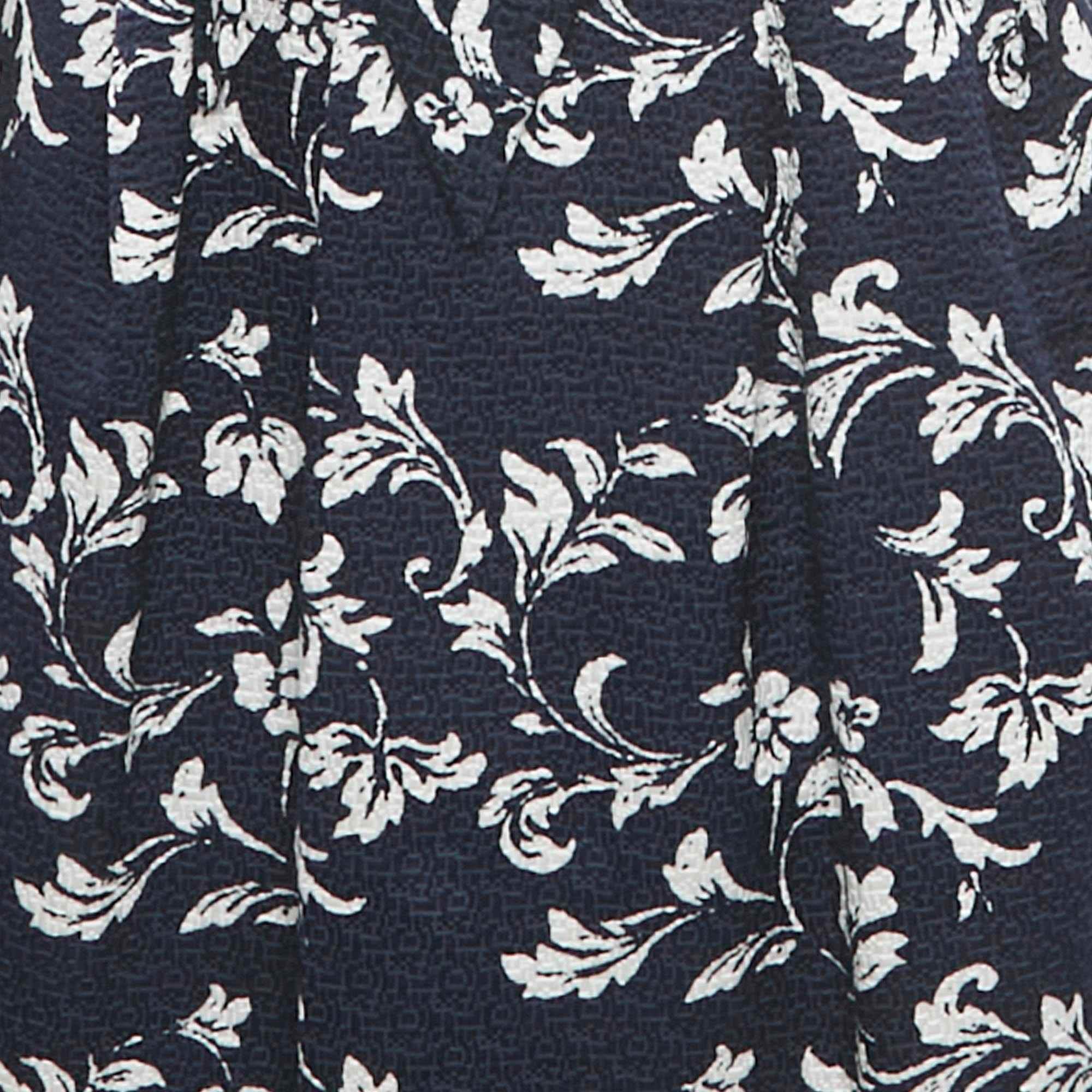 Blue Navy Blue Floral Print Jacquard Bow Detail Short Dress
