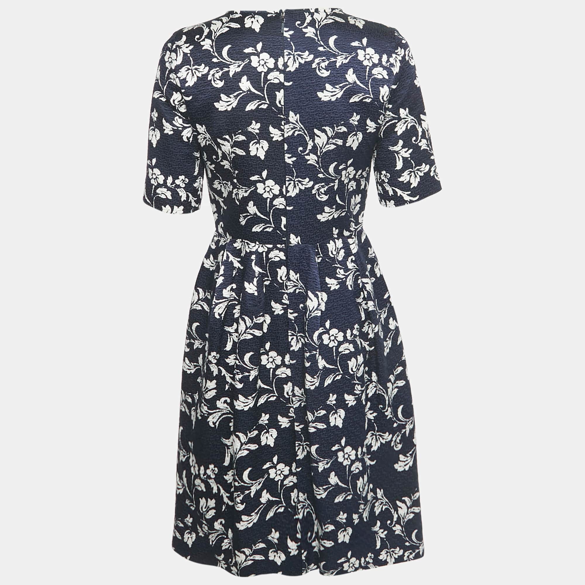 Blue Navy Blue Floral Print Jacquard Bow Detail Short Dress
