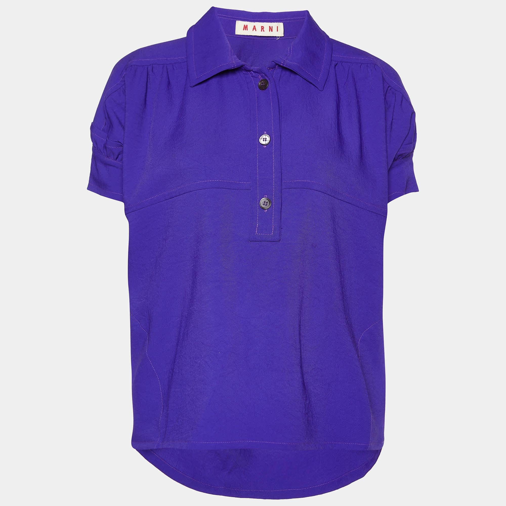 Blue Crepe Puff Sleeve Shirt Blouse