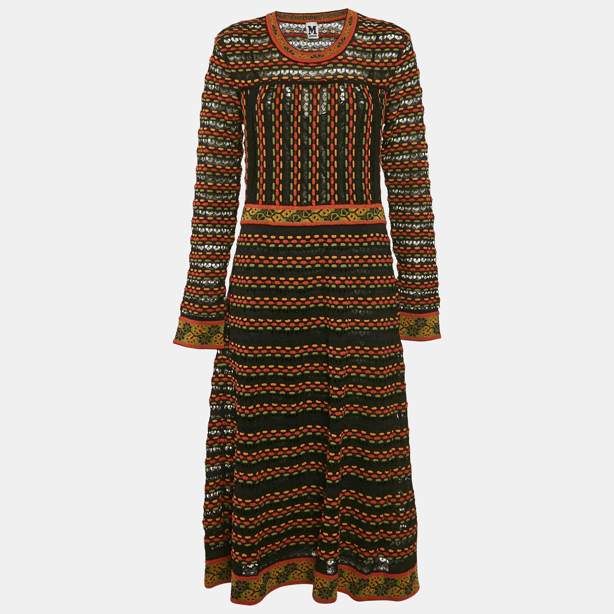 M Missoni Black/orange Pointelle Knit Long Sleeve Midi Dress