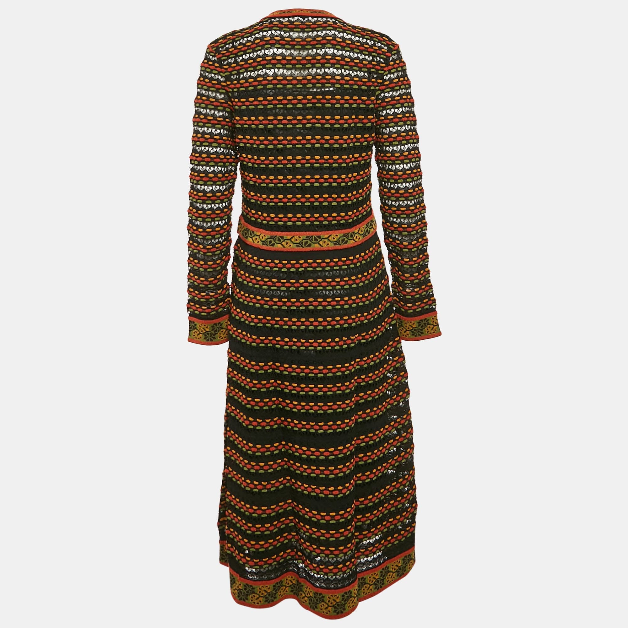 M Missoni Black/orange Pointelle Knit Long Sleeve Midi Dress