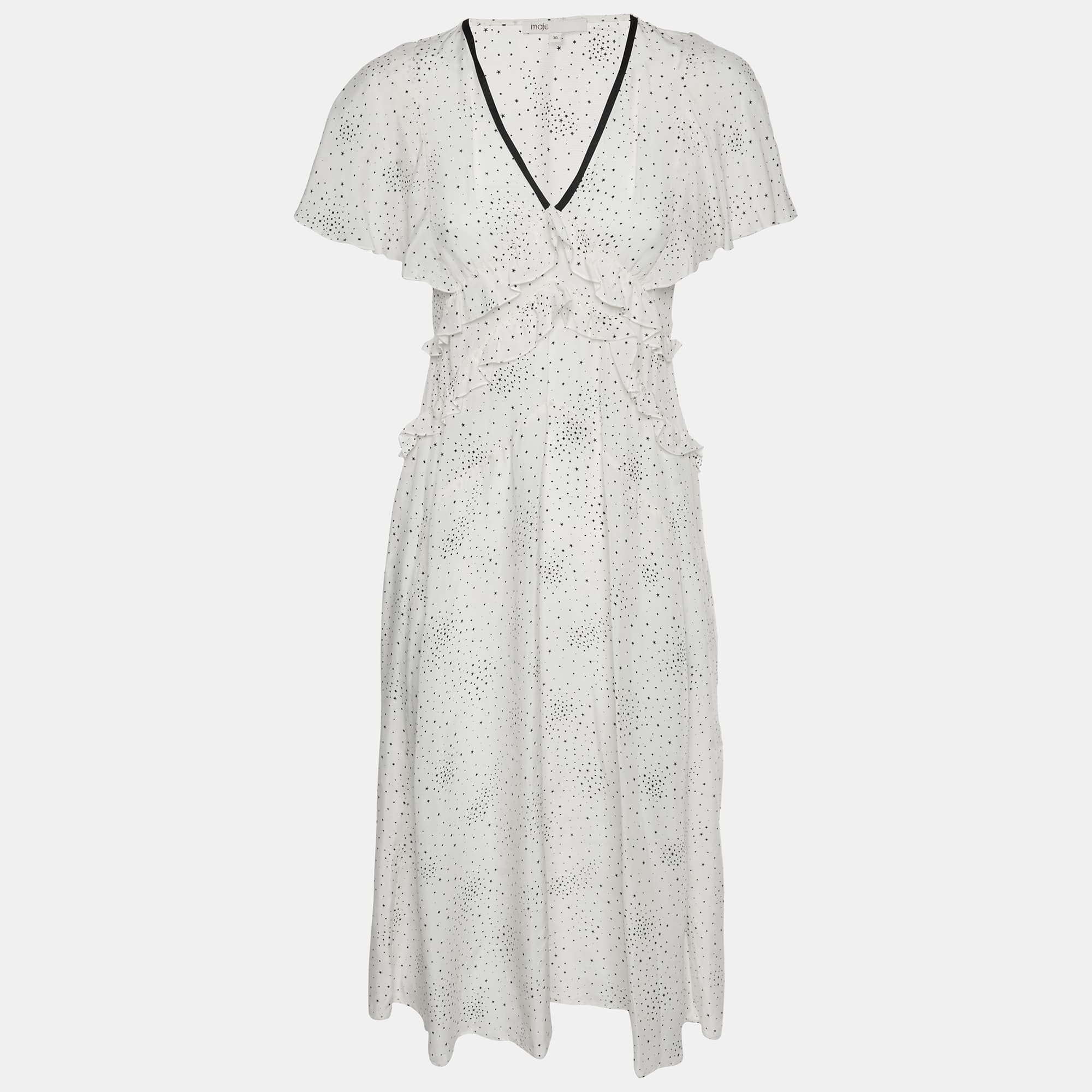 White Star Maje White Star Print Synthetic Racky Ruffled Midi Dress